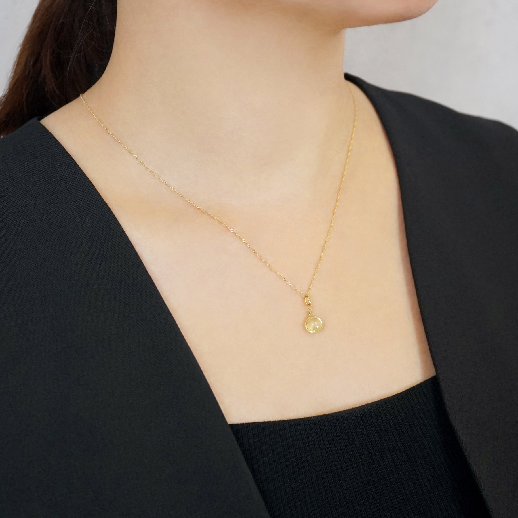 10K Lemon Quartz Necklace Charm (Yellow Gold) - Model Image