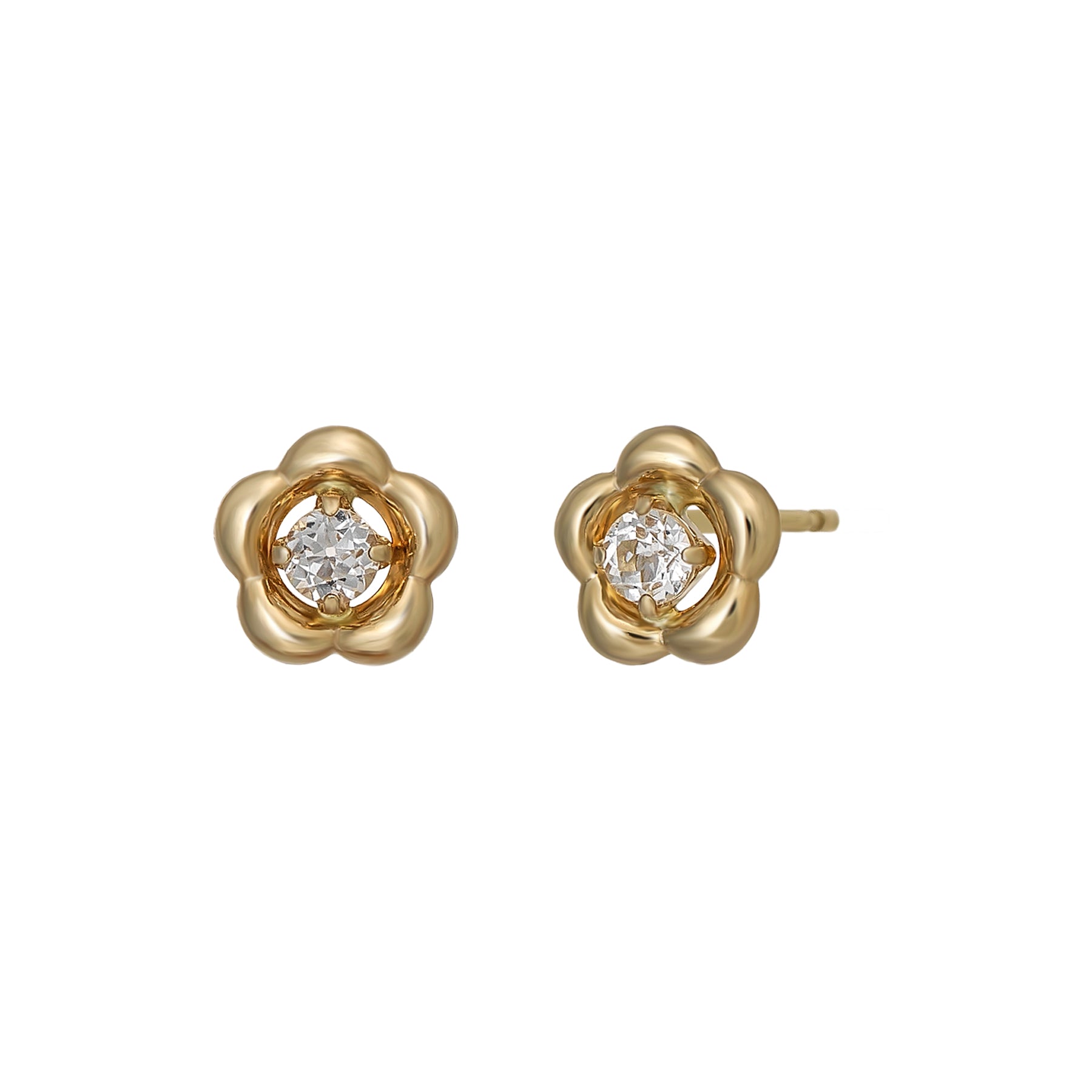 18K/10K White Topaz Flower Stud Earrings (Yellow Gold) - Product Image