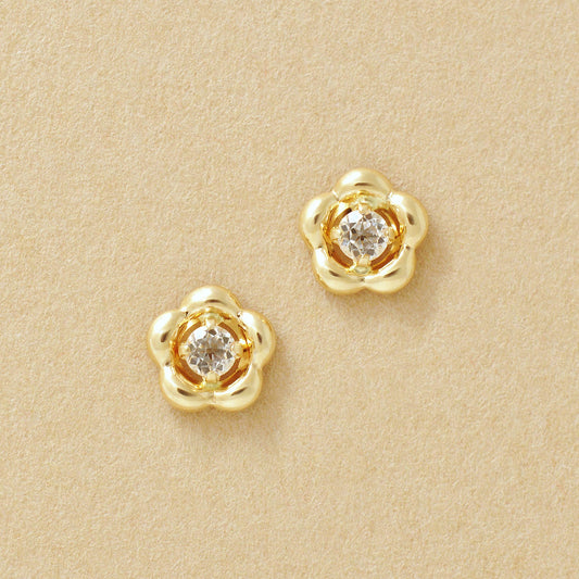 18K/10K White Topaz Flower Stud Earrings (Yellow Gold) - Product Image