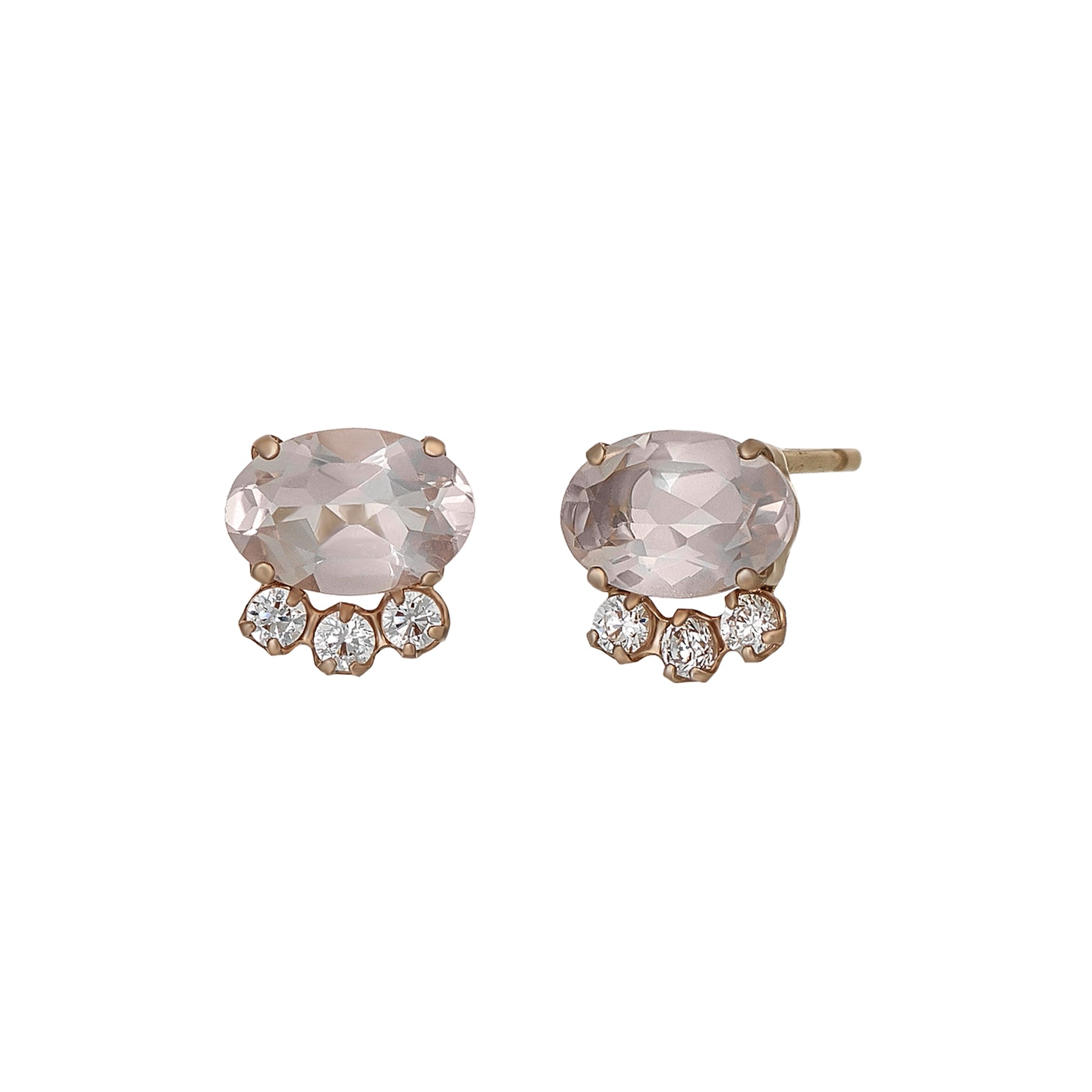 18K/10K Rose Quartz Oval Stud Earrings (Rose Gold) - Product Image