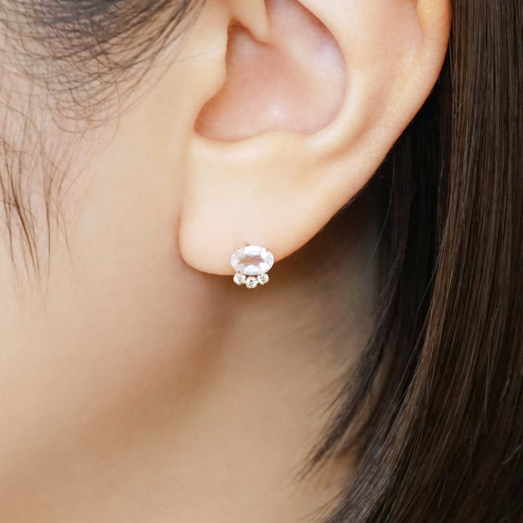 18K/10K Rose Quartz Oval Stud Earrings (Rose Gold) - Model Image