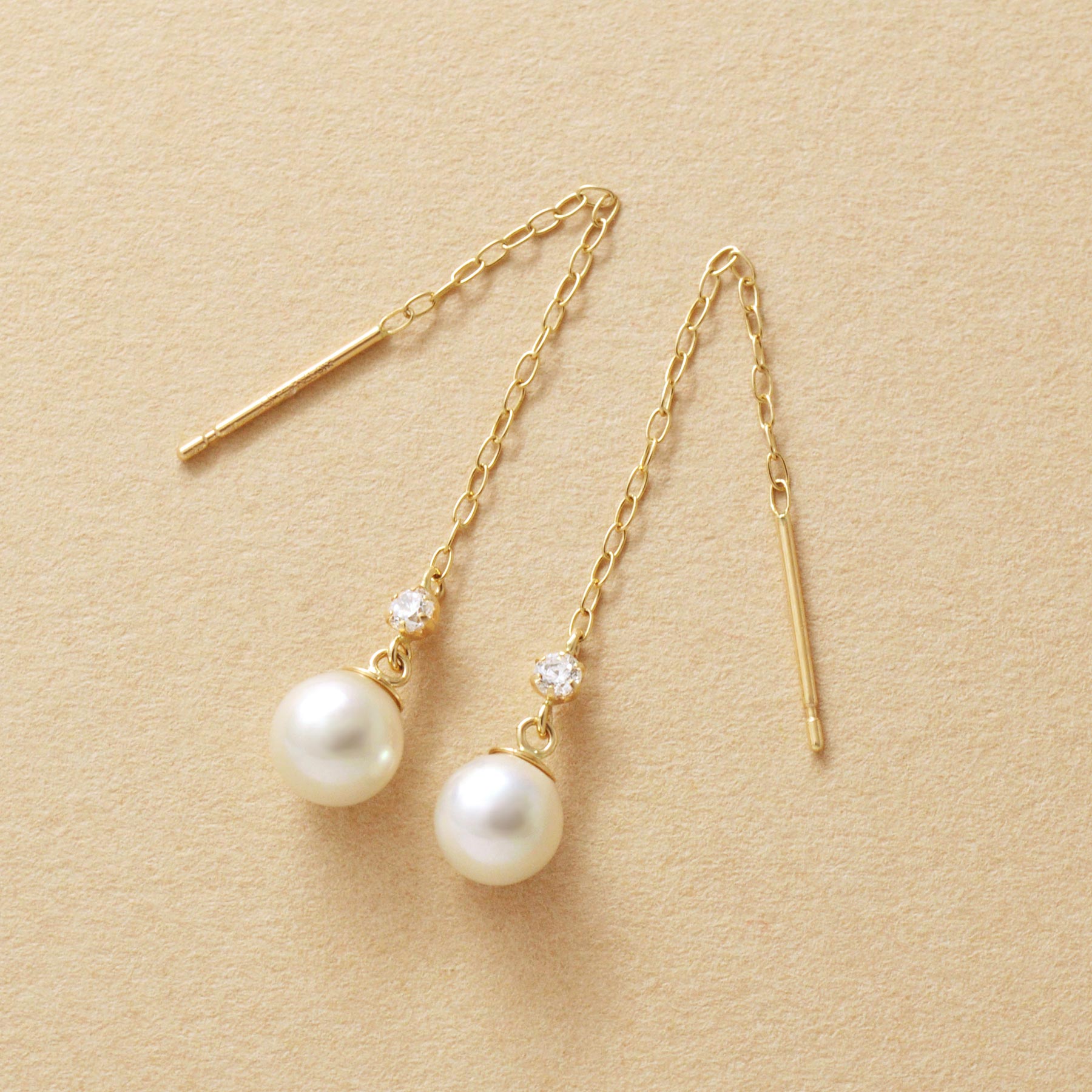 10K Shell Pearl Threader Earrings (Yellow Gold) - Product Image