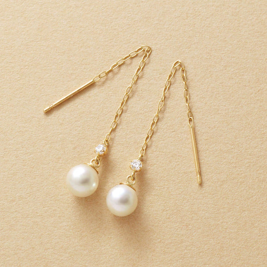 10K Shell Pearl Threader Earrings (Yellow Gold) - Product Image