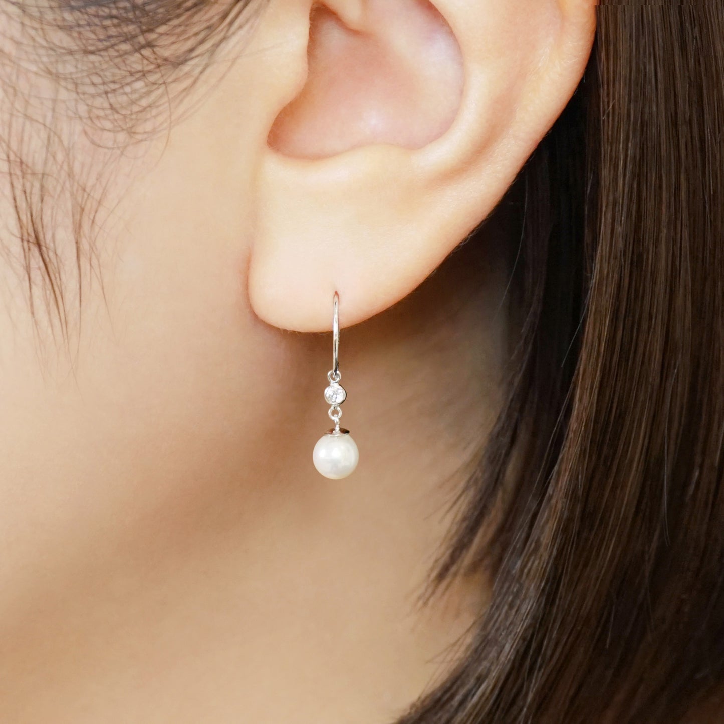 10K Shell Pearl Wire Earrings (White Gold) - Model Image