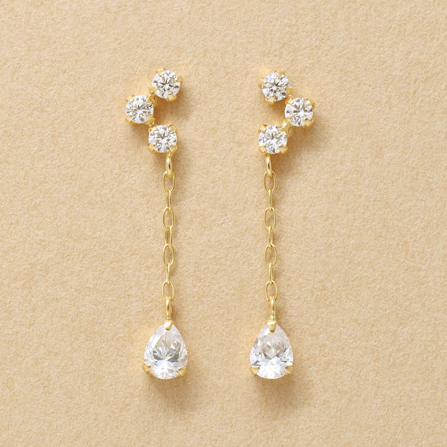 10K 3-Stone Dew Drop Dangle Earrings (Yellow Gold) - Product Image