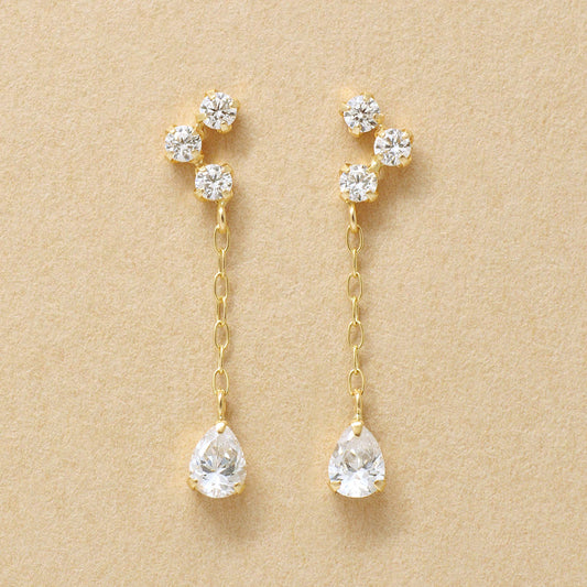 10K 3-Stone Dew Drop Dangle Earrings (Yellow Gold) - Product Image