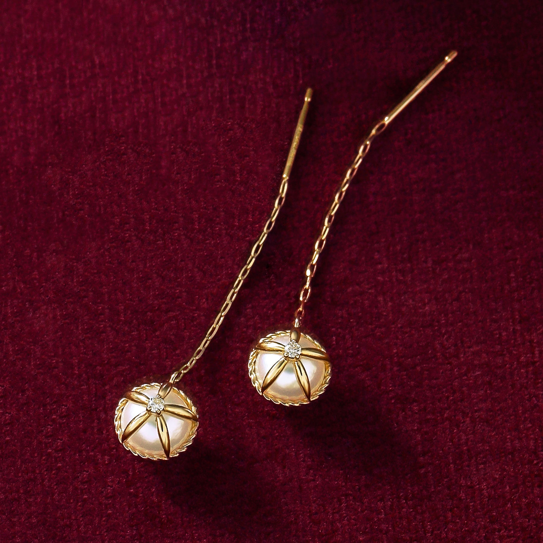 18K/10K Akoya Pearl Reversible Threader Earrings [Gem Bloom Button] (Yellow Gold) - Product Image