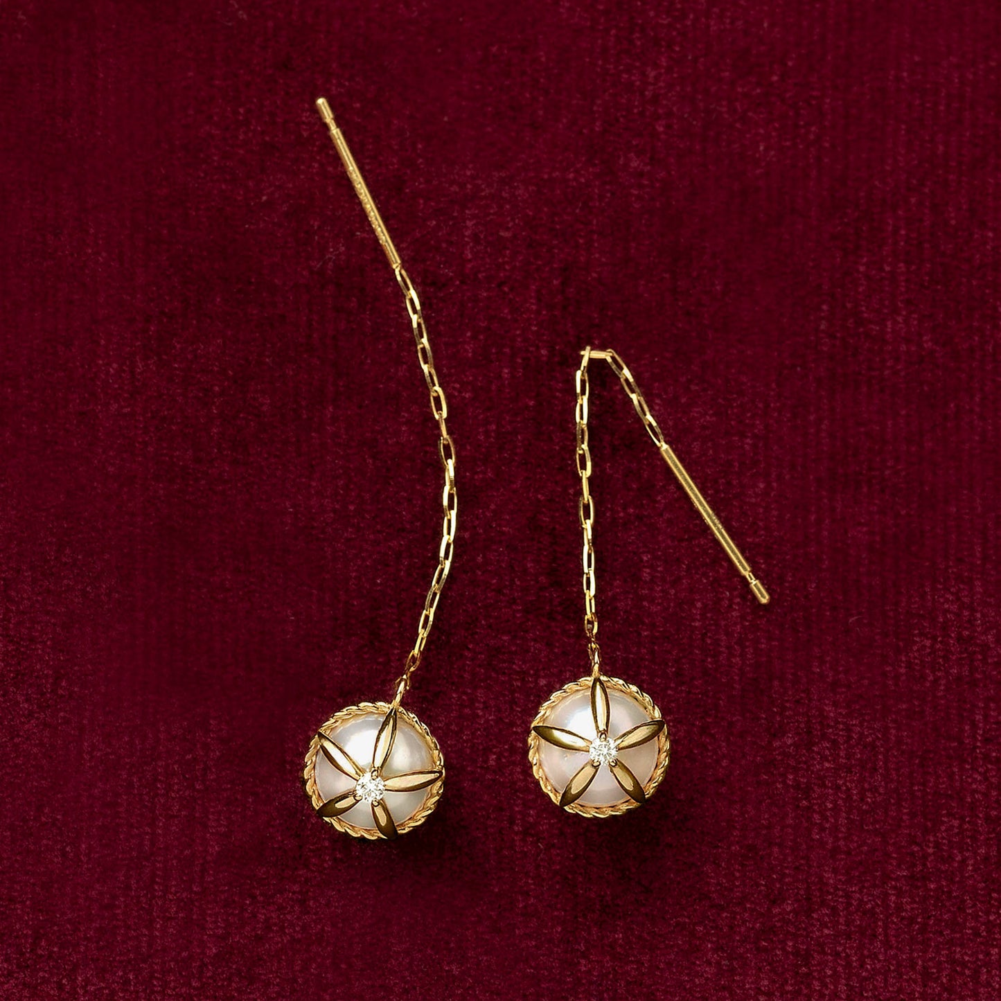 18K/10K Akoya Pearl Reversible Threader Earrings [Gem Bloom Button] (Yellow Gold) - Product Image