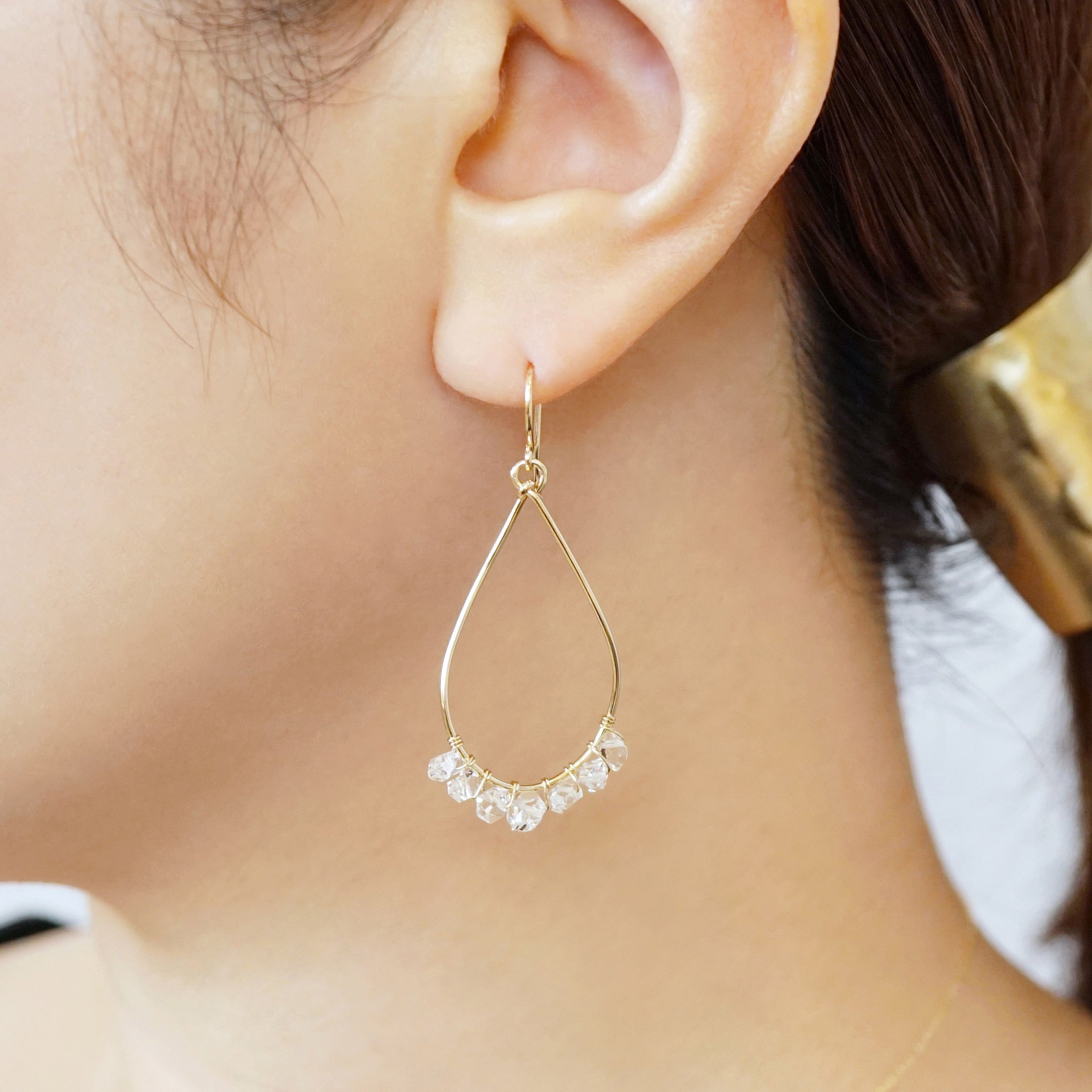 Gold Filled Herkimer Quartz Dew Drop Earrings - Model Image