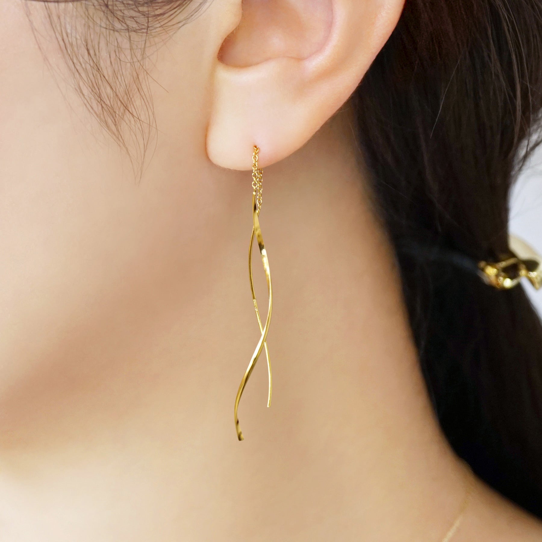 Gold Filled Twisted Line Threader Earrings - Model Image