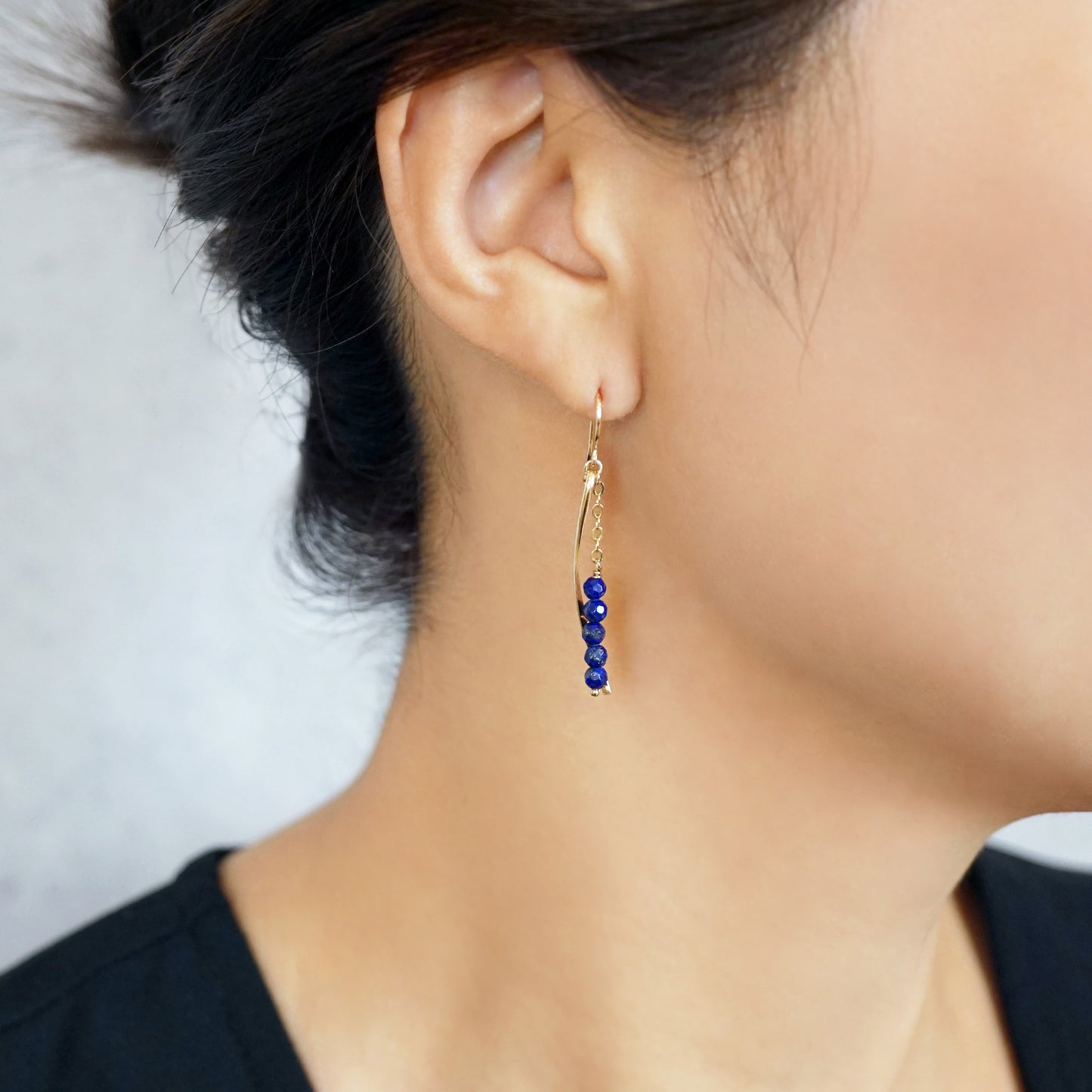 Gold Filled Lapis Lazuli Dangle Earrings - Model Image