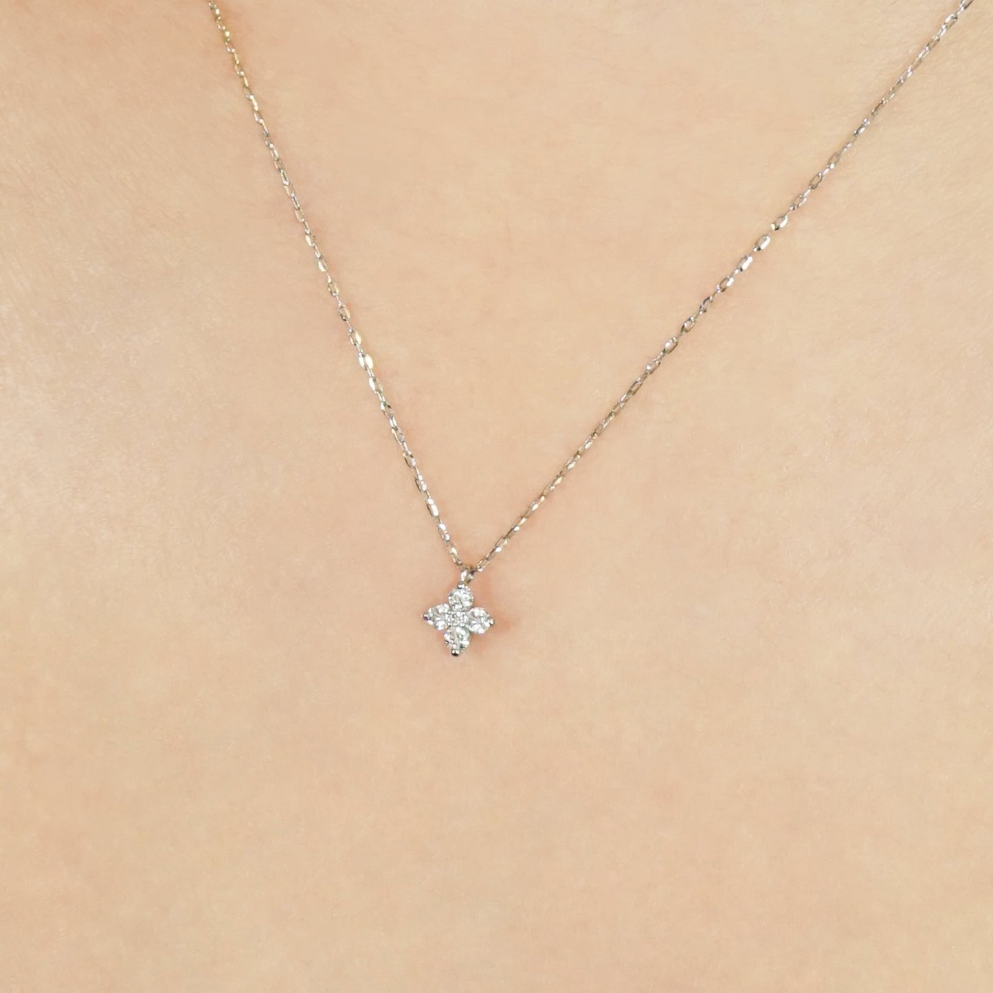 Platinum Diamond Mini Flower Necklace - Model Image