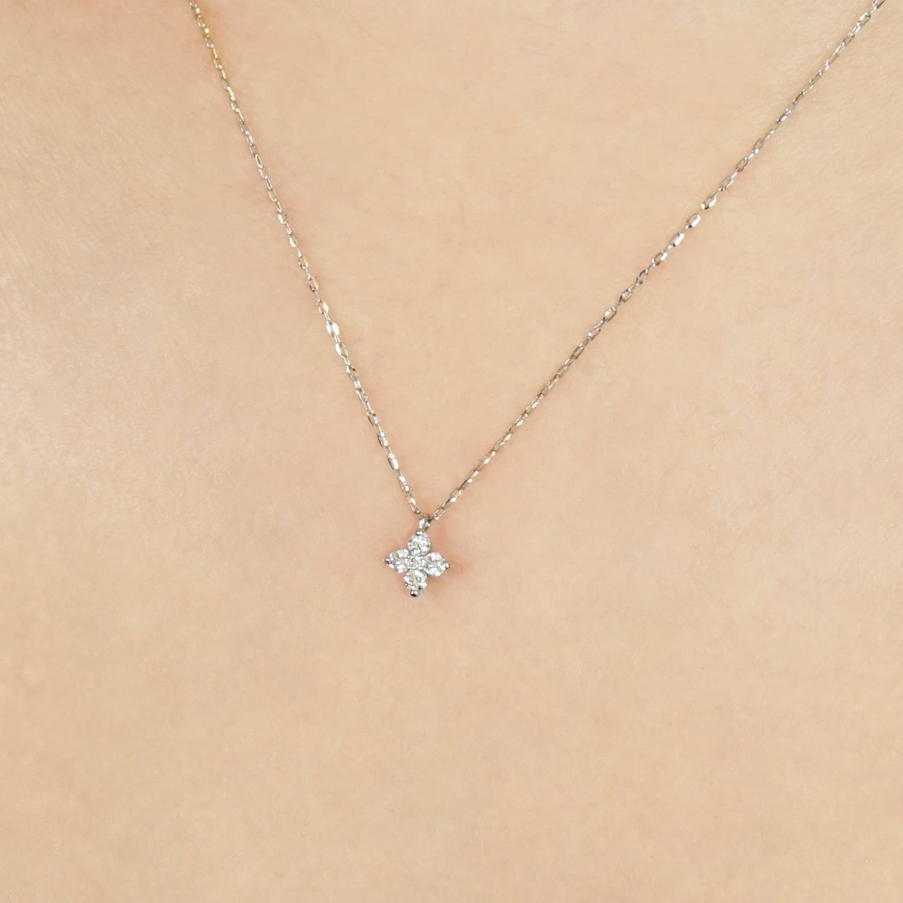 Platinum Diamond Mini Flower Necklace - Model Image