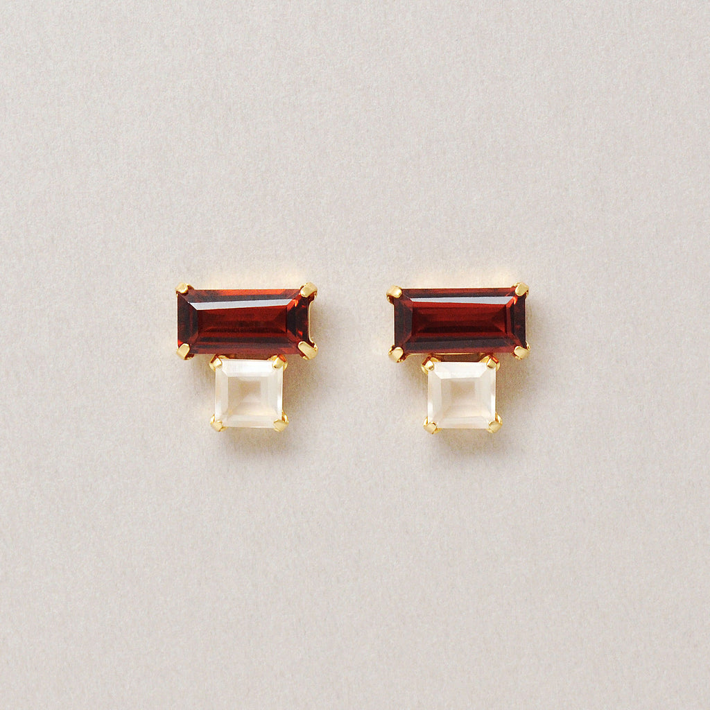 18K/10K Garnet Rose Quartz Square Stud Earrings (Yellow Gold) - Product Image