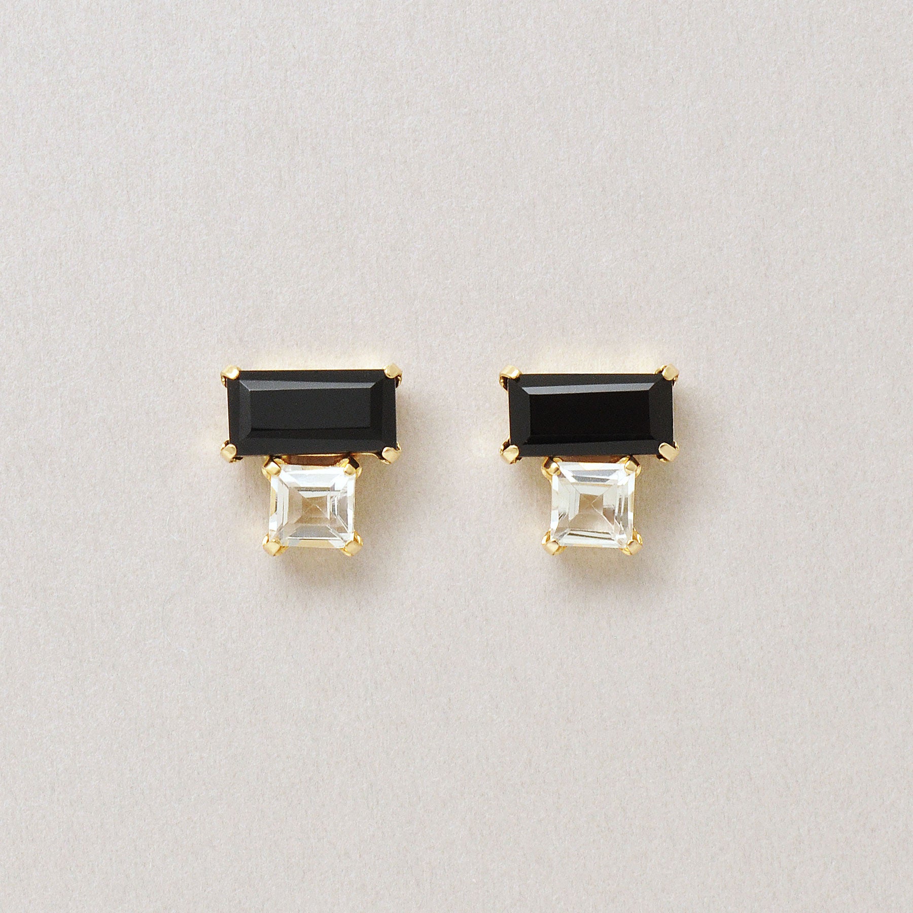 18K/10K Onyx White Topaz Square Stud Earrings (Yellow Gold) - Product Image