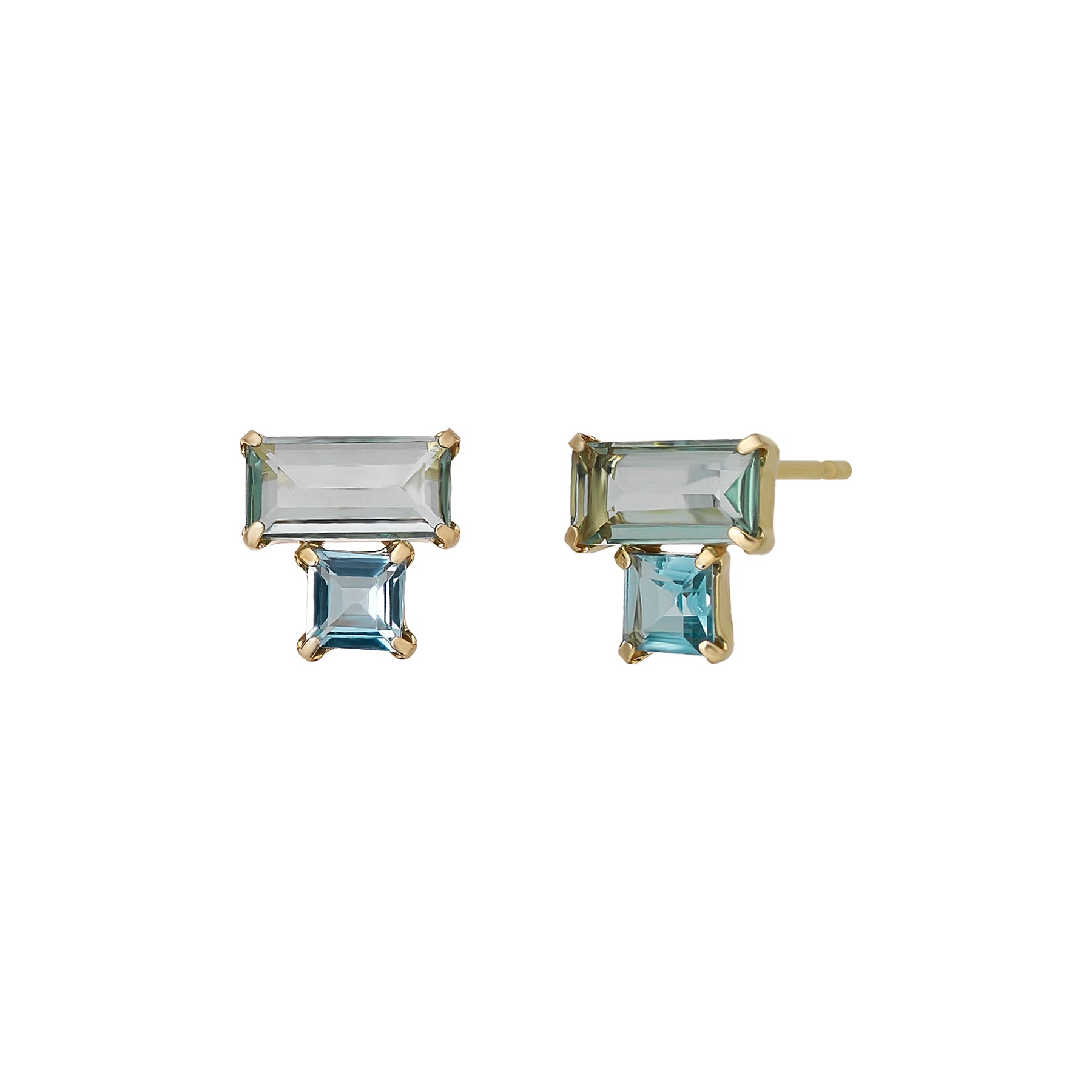 18K/10K Green Quartz Blue Topaz Square Stud Earrings (Yellow Gold) - Product Image