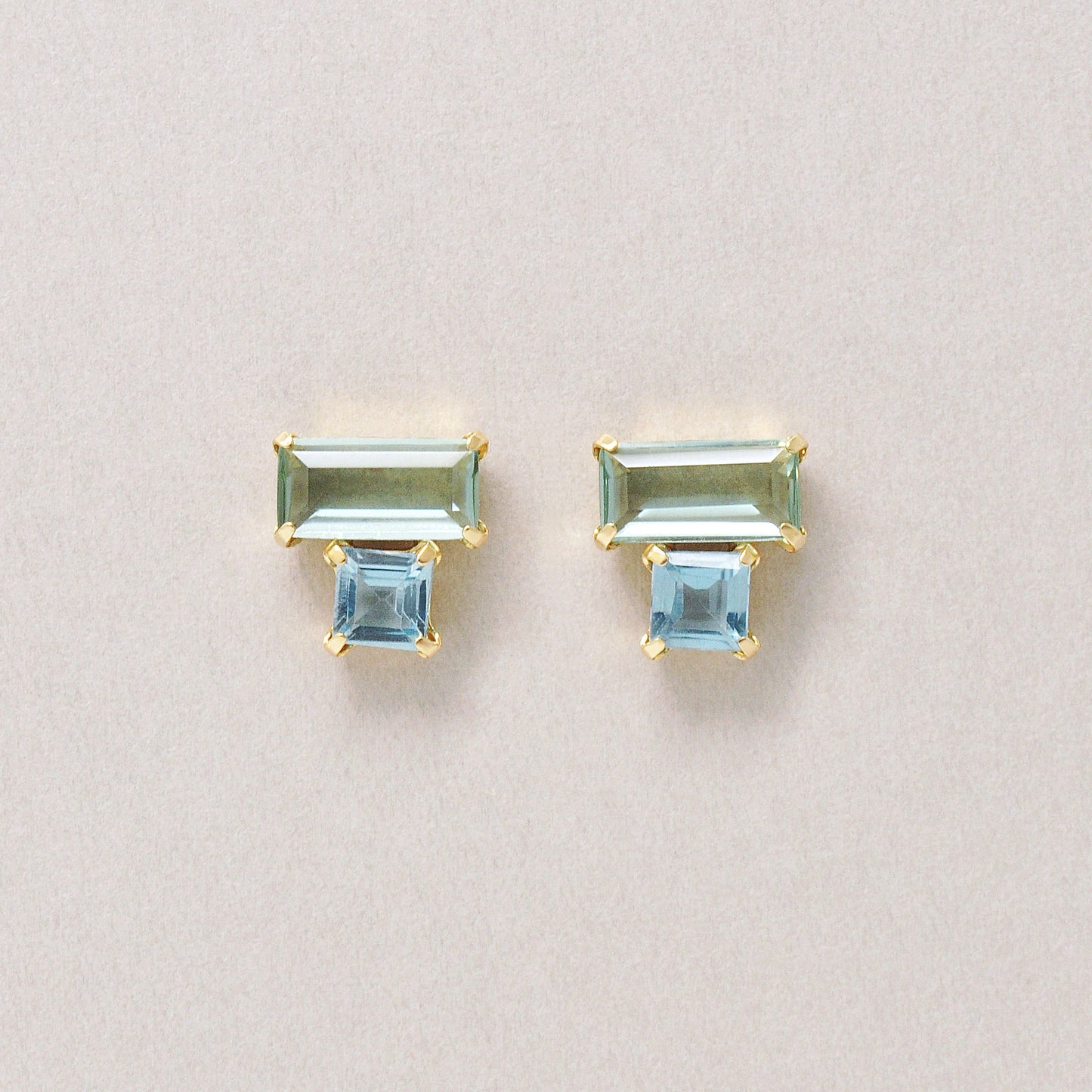 18K/10K Green Quartz Blue Topaz Square Stud Earrings (Yellow Gold) - Product Image