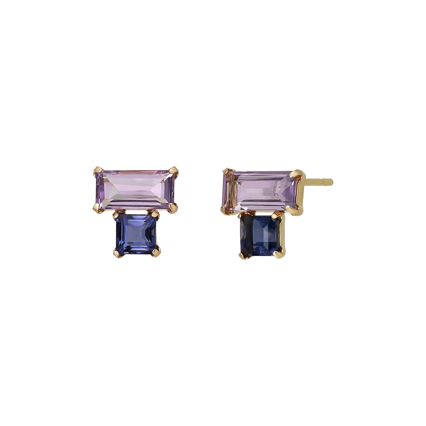 18K/10K Amethyst Iolite Square Stud Earrings (Yellow Gold) - Product Image