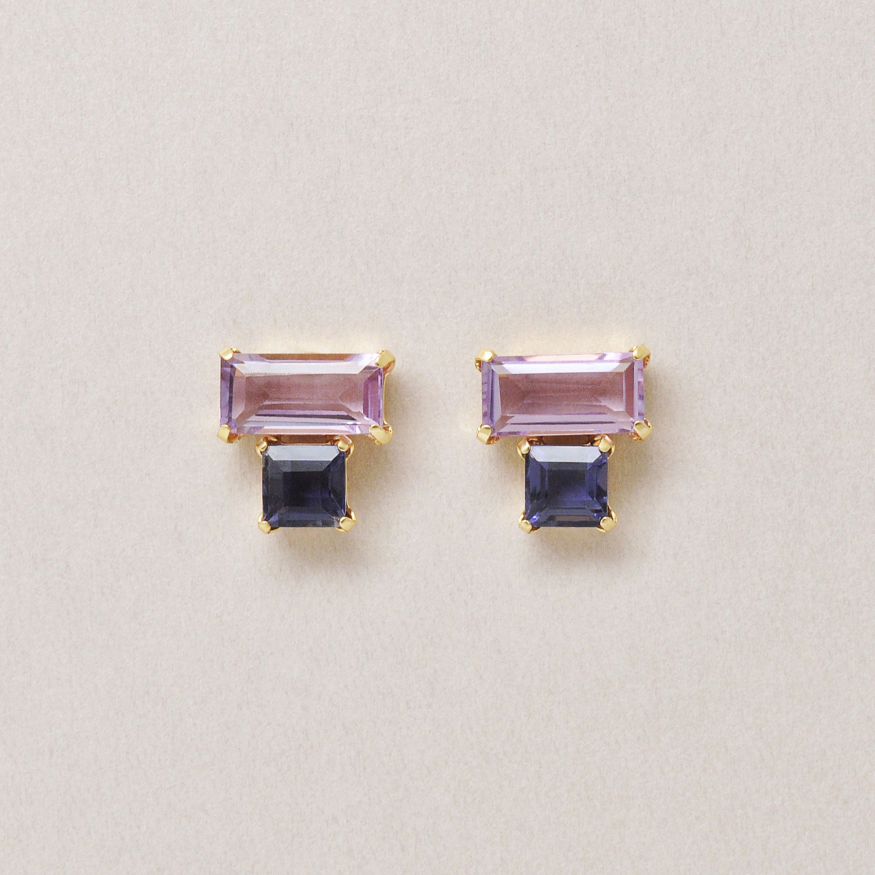 18K/10K Amethyst Iolite Square Stud Earrings (Yellow Gold) - Product Image