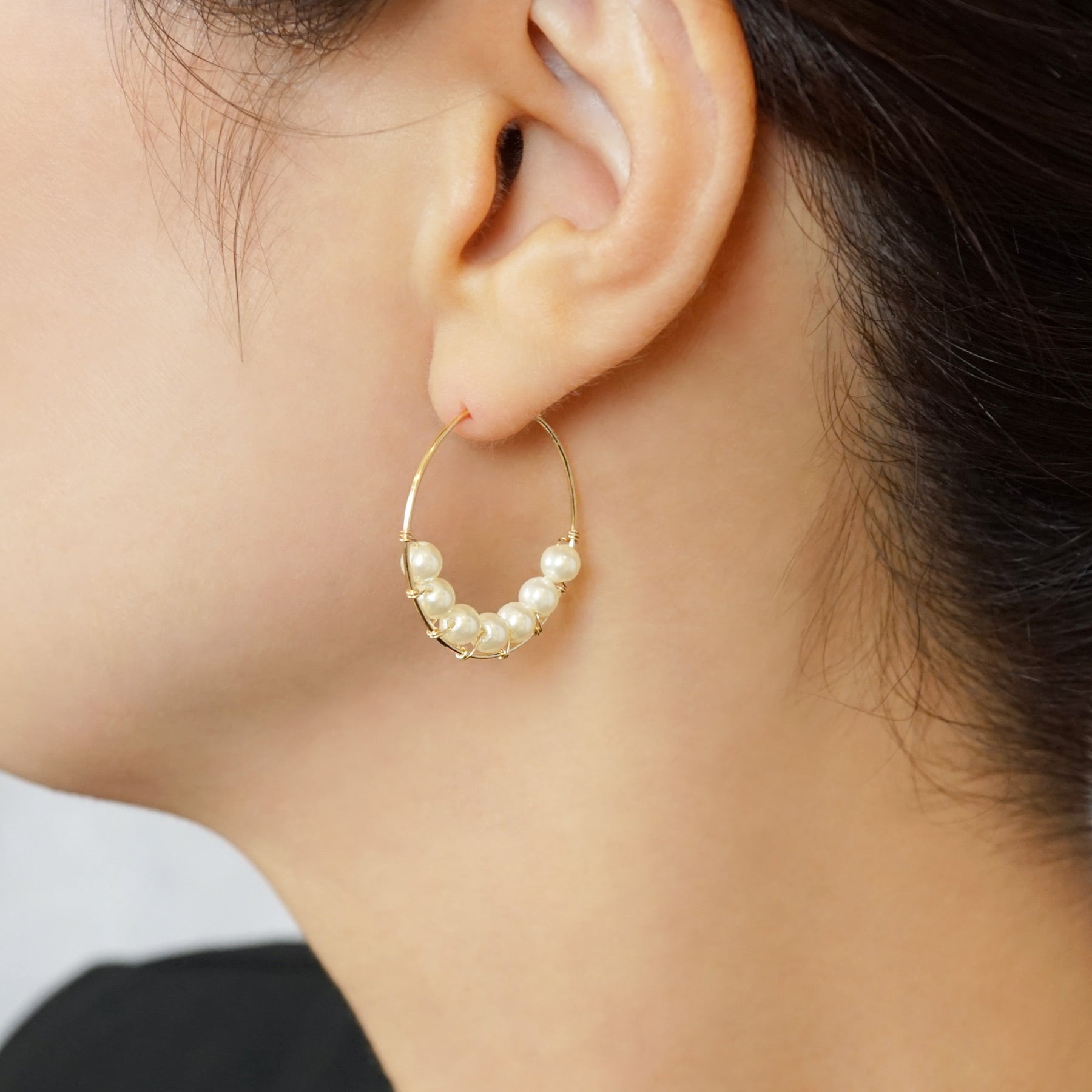 Gold Filled Plastic Pearl Hoop Earrings - Model Image