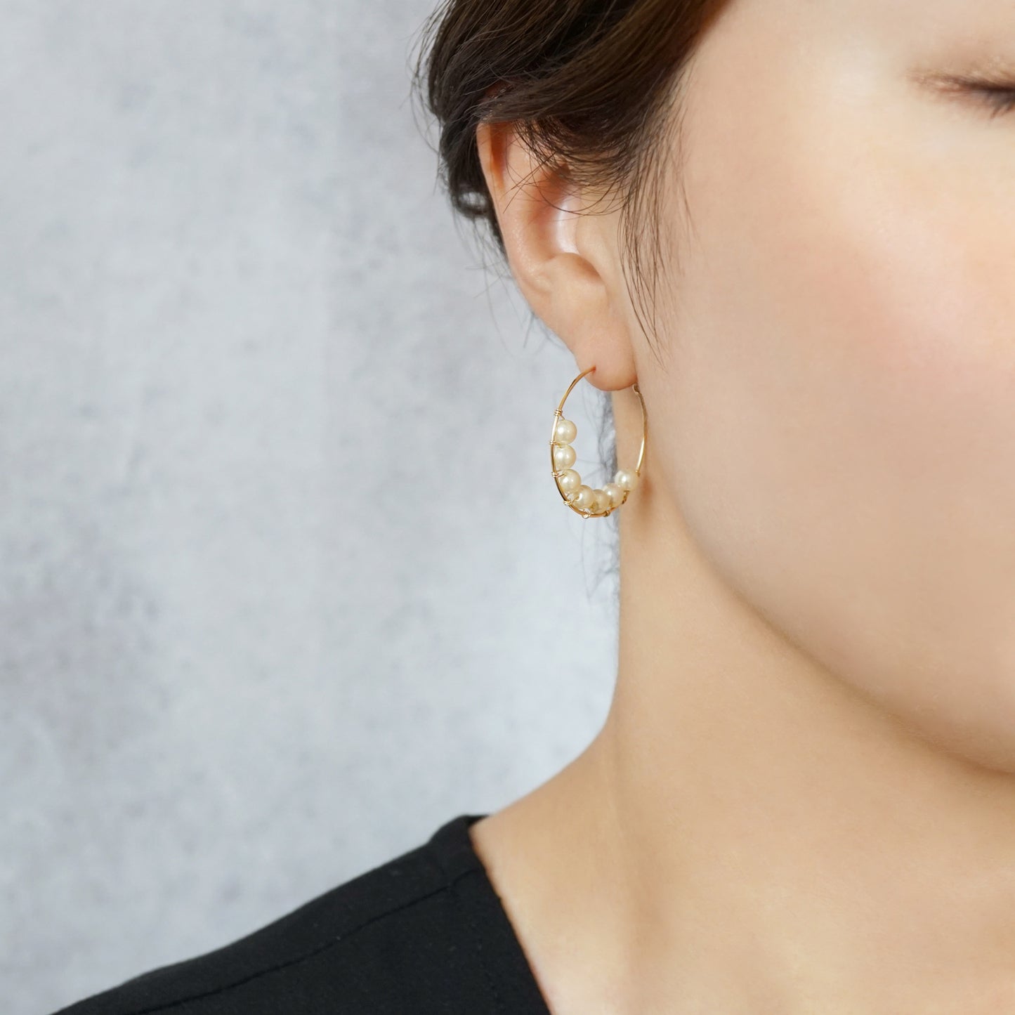 Gold Filled Plastic Pearl Hoop Earrings - Model Image