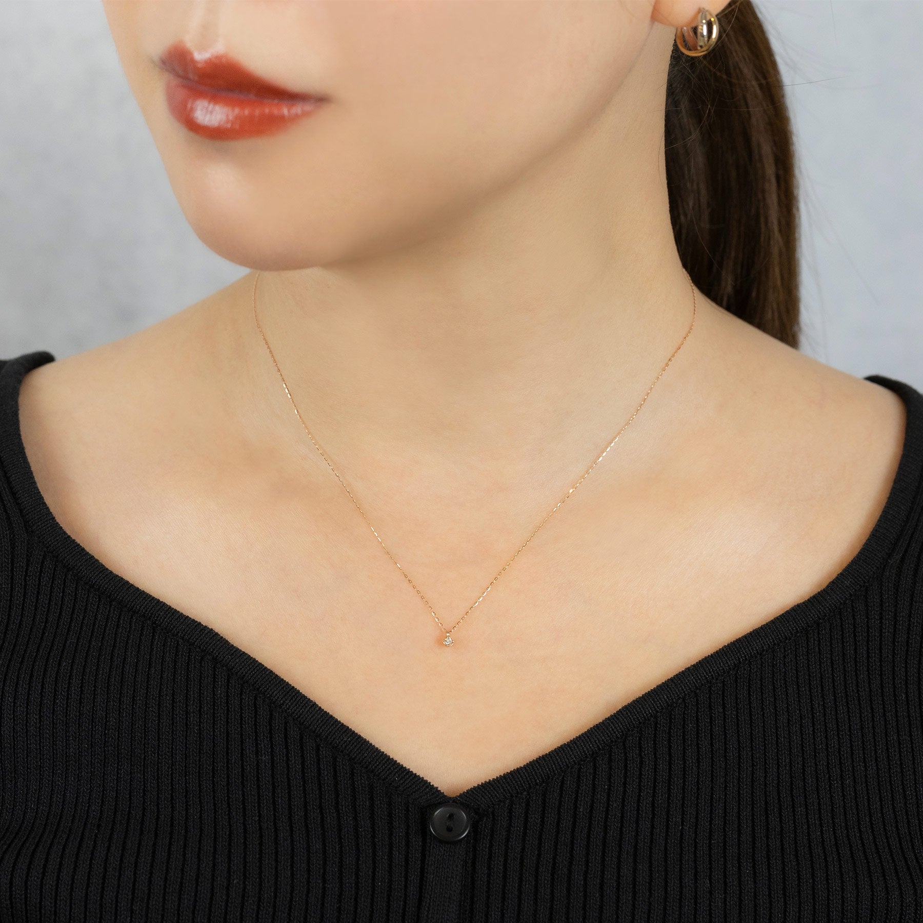 10K Diamond Petit Solitaire Necklace (Rose Gold) - Model Image