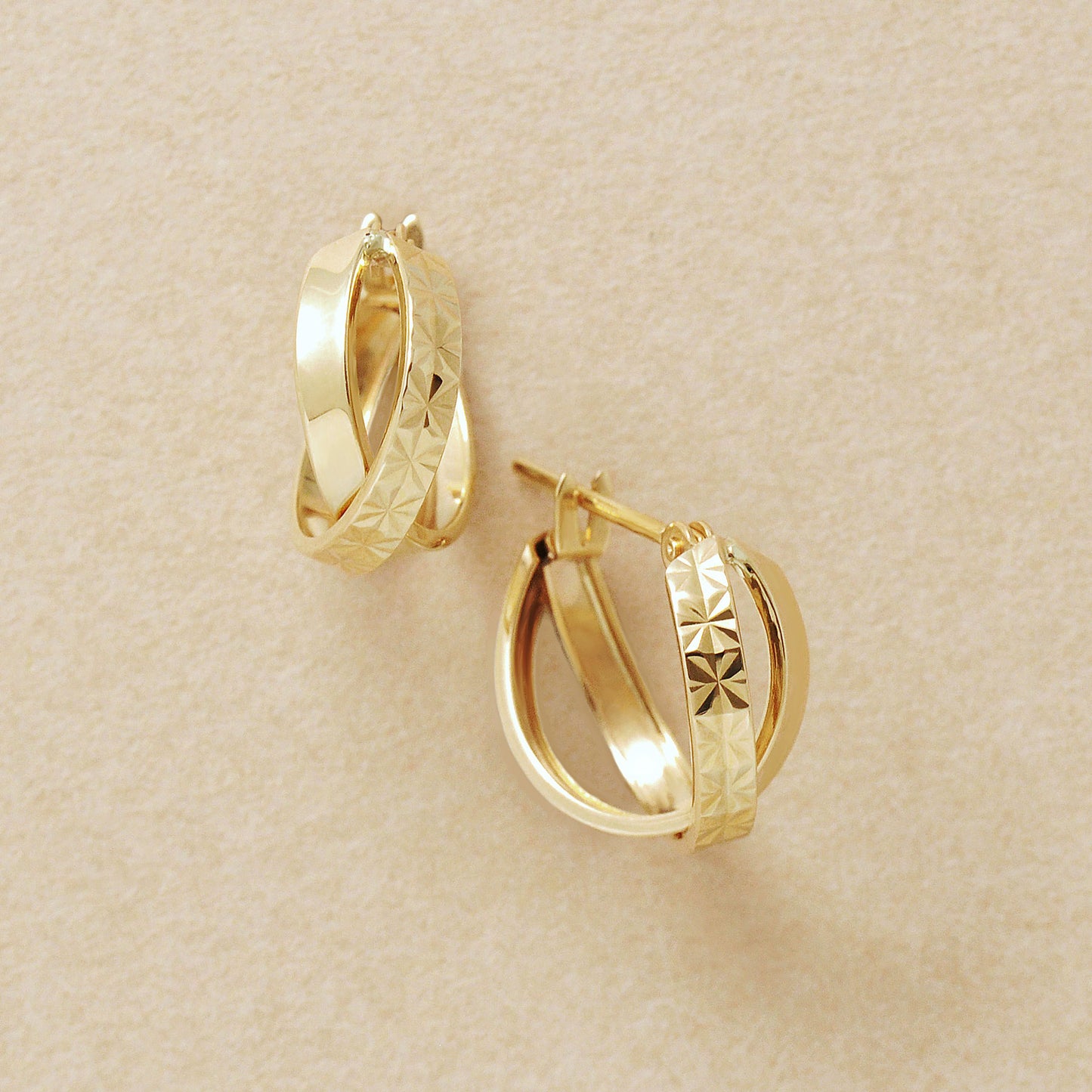 18K/10K Flower Cut Cross Hoop Earrings (Yellow Gold) - Product Image