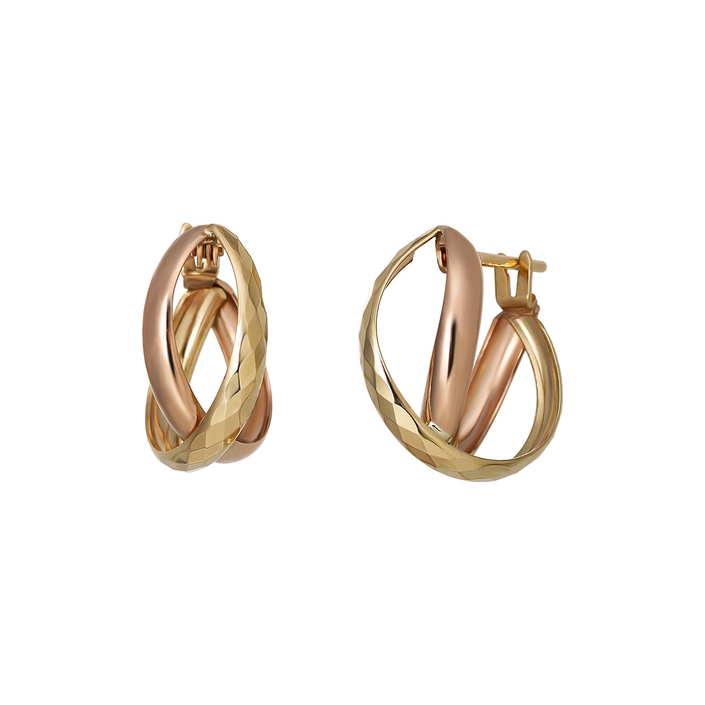 18K/10K Rhombus Cut Cross Hoop Earrings (Yellow Gold / Rose Gold) - Product Image