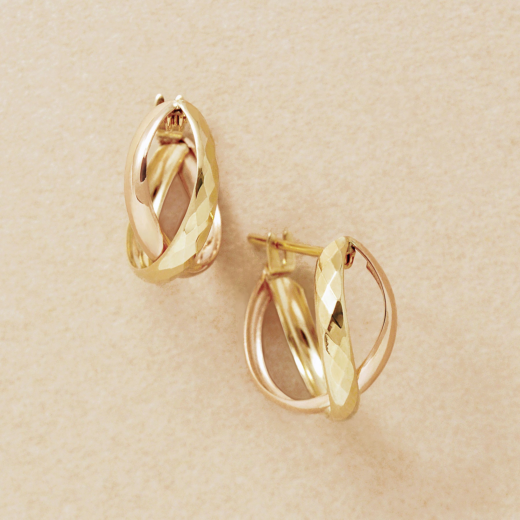 18K/10K Rhombus Cut Cross Hoop Earrings (Yellow Gold / Rose Gold) - Product Image