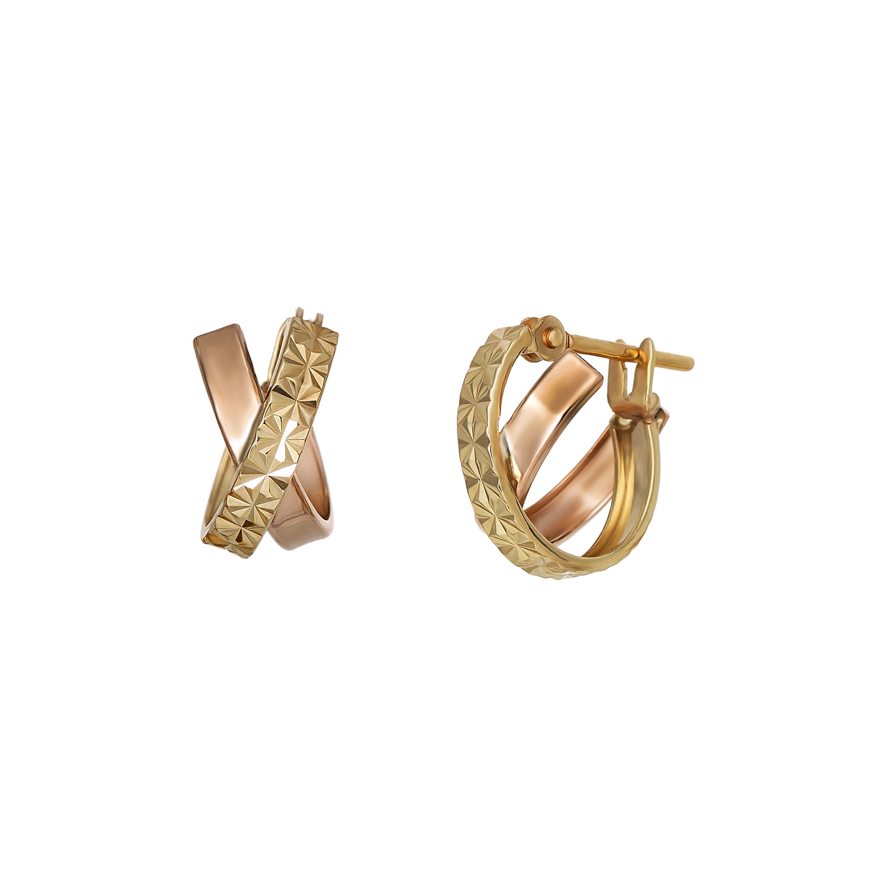 18K/10K Flower Cut Cross Hoop Earrings (Yellow Gold / Rose Gold) - Product Image