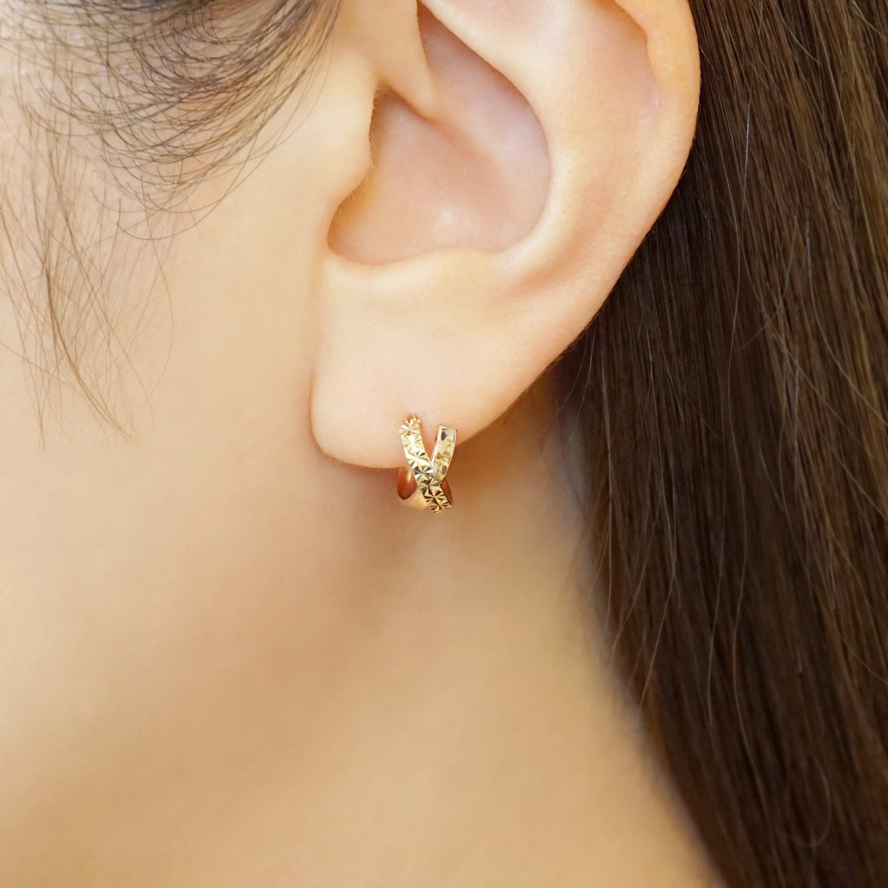 18K/10K Flower Cut Cross Hoop Earrings (Yellow Gold / Rose Gold) - Model Image