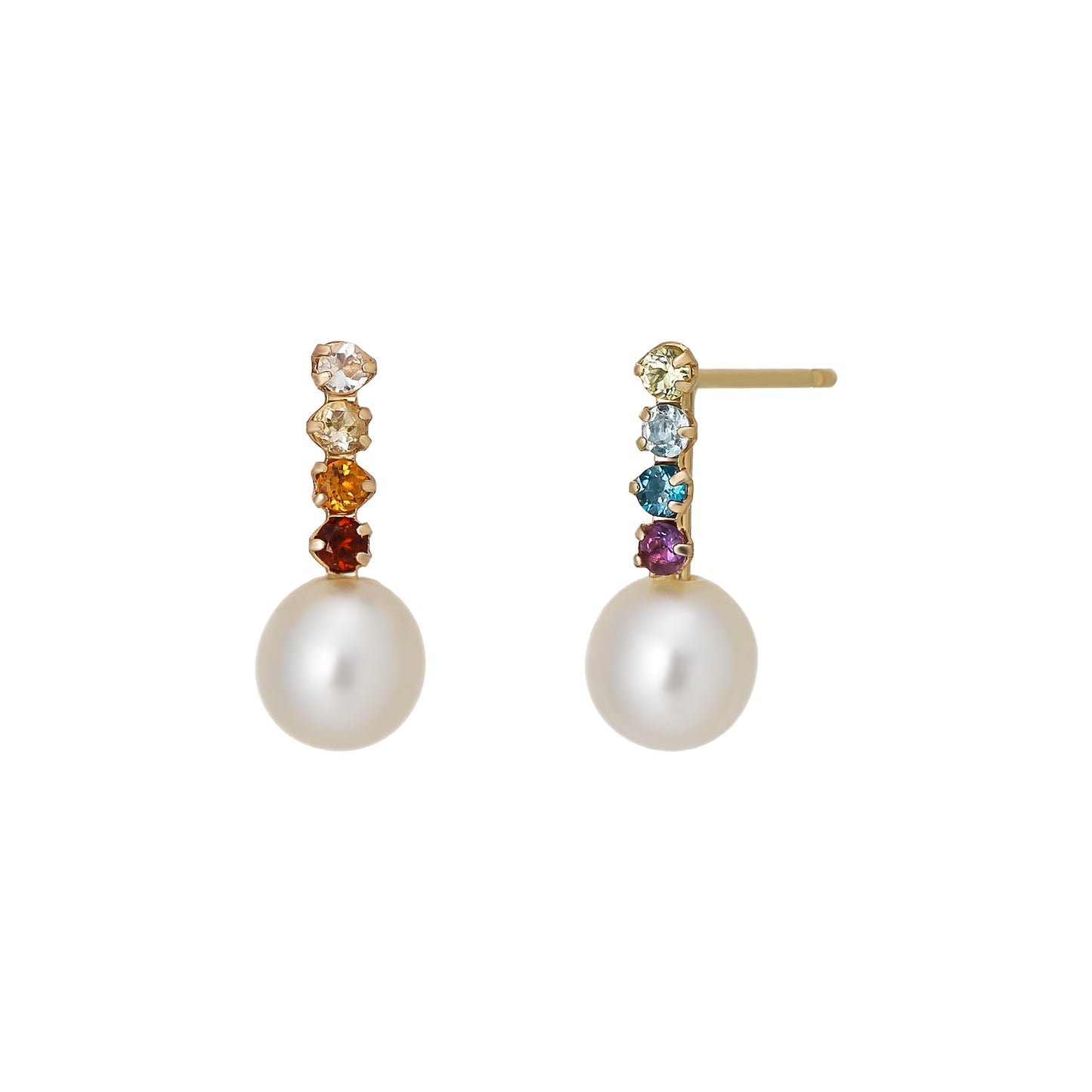 18K/10K Natural Stone Rainbow Pearl Vertical Line Earrings (Yellow Gold) - Product Image