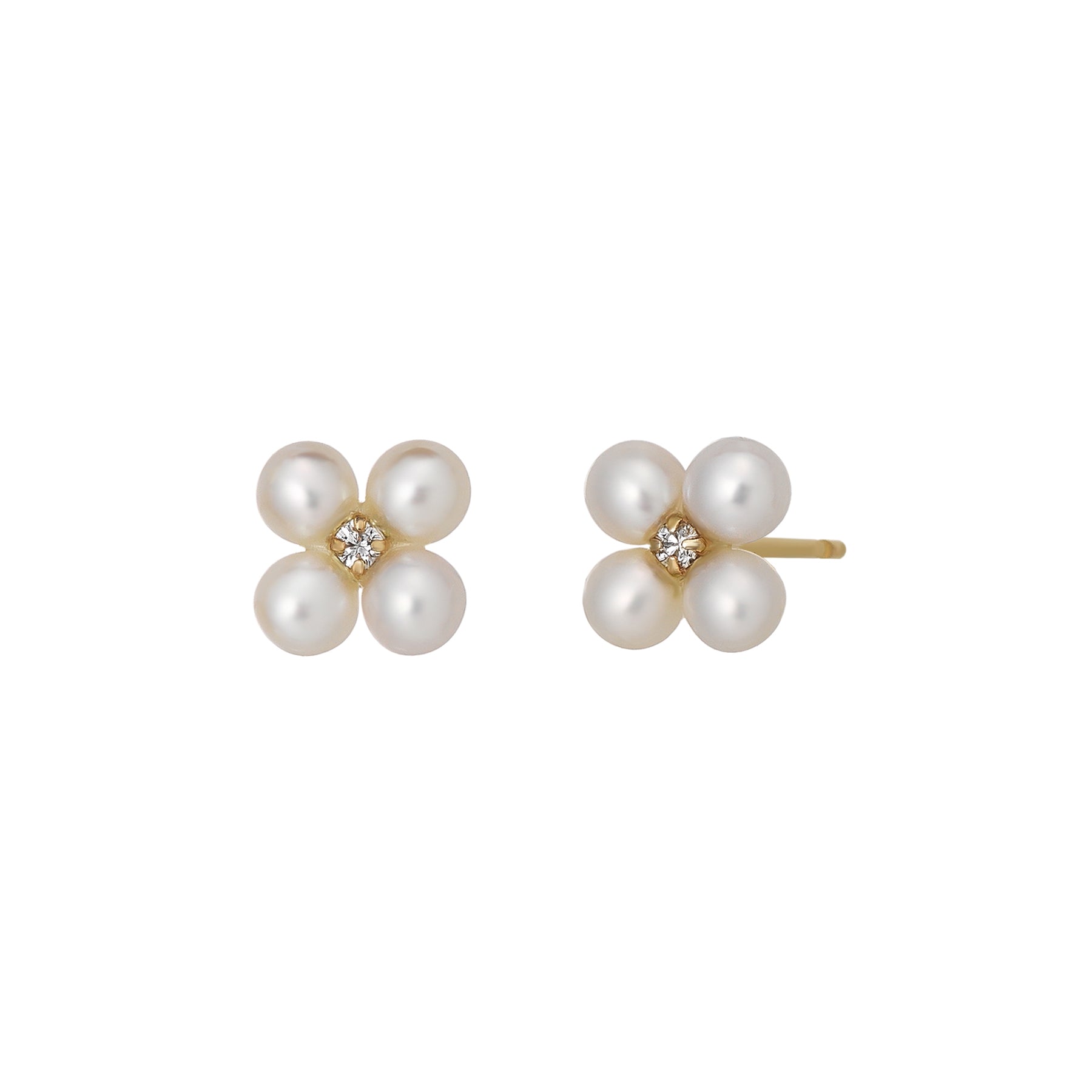 18K/10K Diamond Pearl Clover Earrings (Yellow Gold) - Product Image