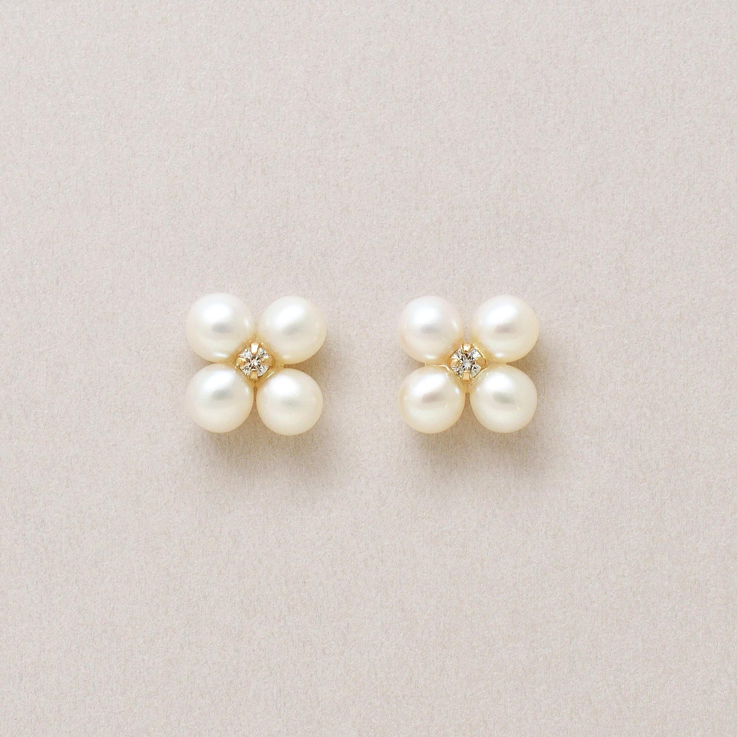 18K/10K Diamond Pearl Clover Earrings (Yellow Gold) - Product Image