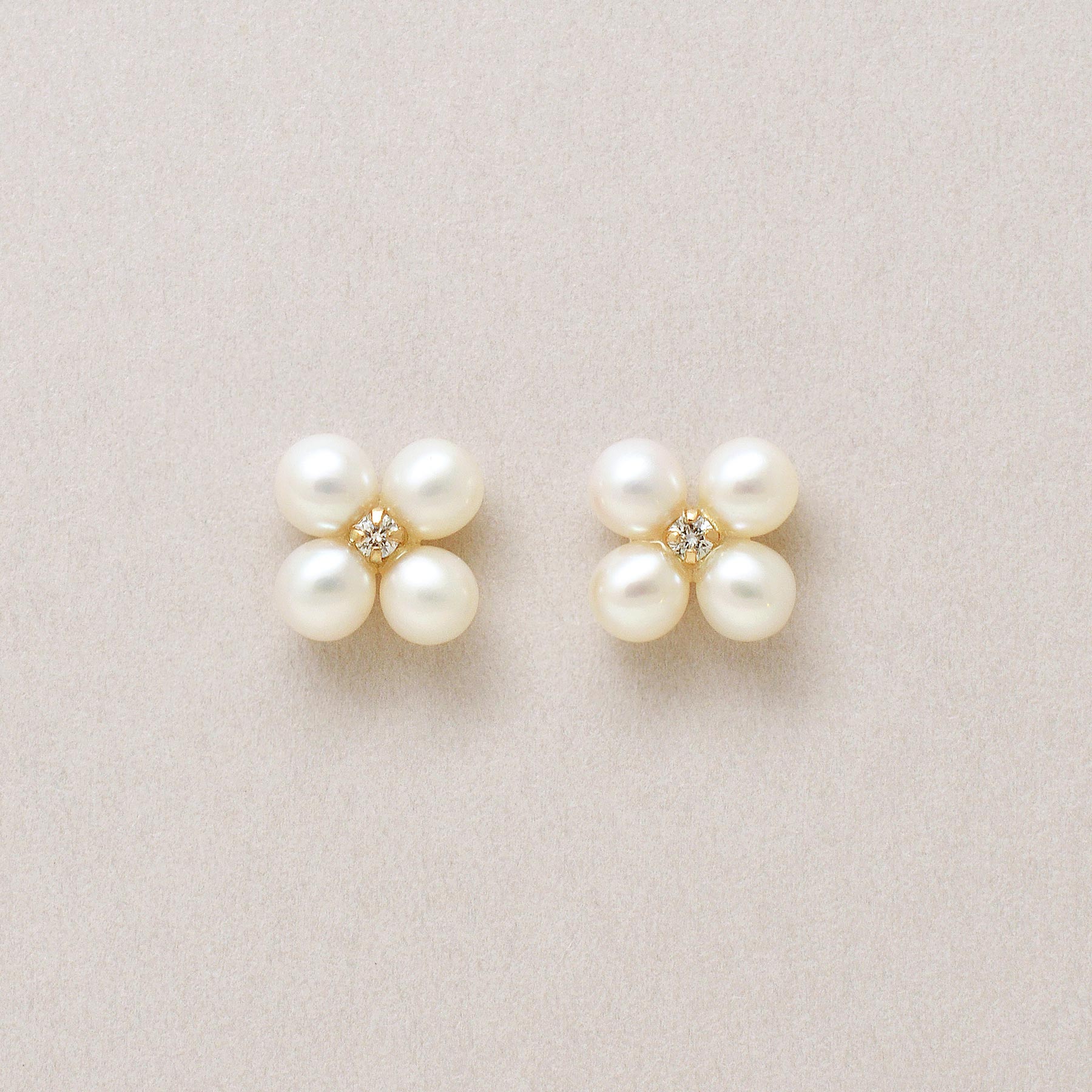 18K/10K Diamond Pearl Clover Earrings (Yellow Gold) - Product Image