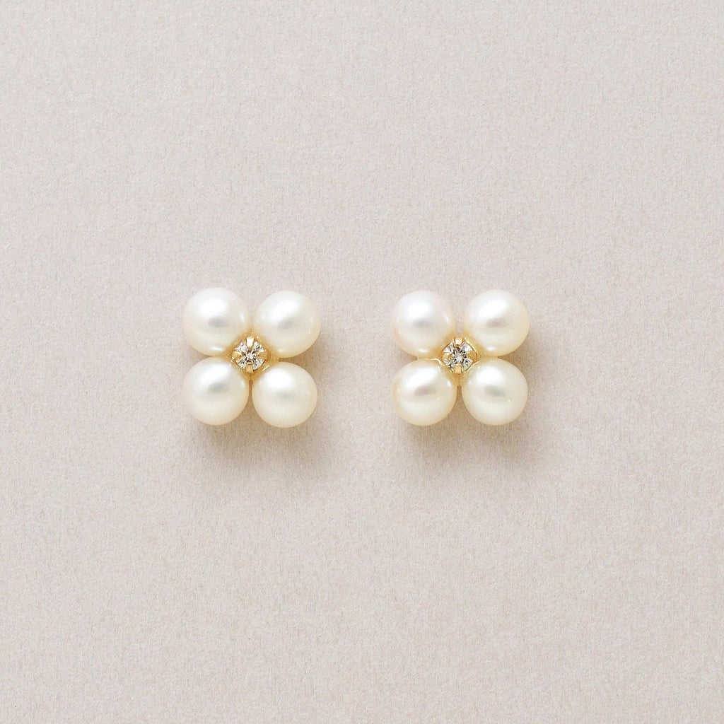 18K/10K Diamond Pearl Clover Earrings (Yellow Gold) - Product Image