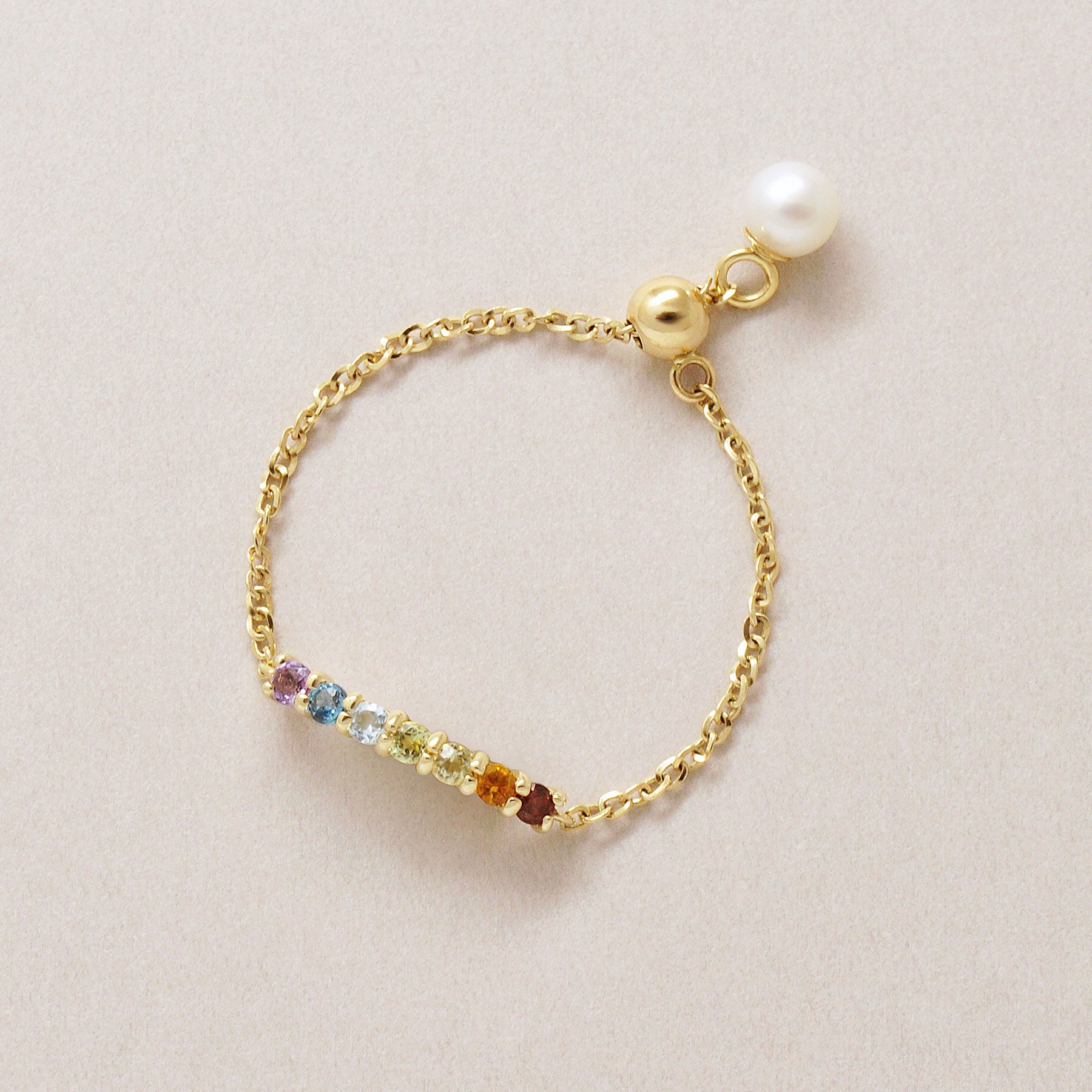 10K Natural Stone Rainbow Chain Ring (Yellow Gold) - Product Image