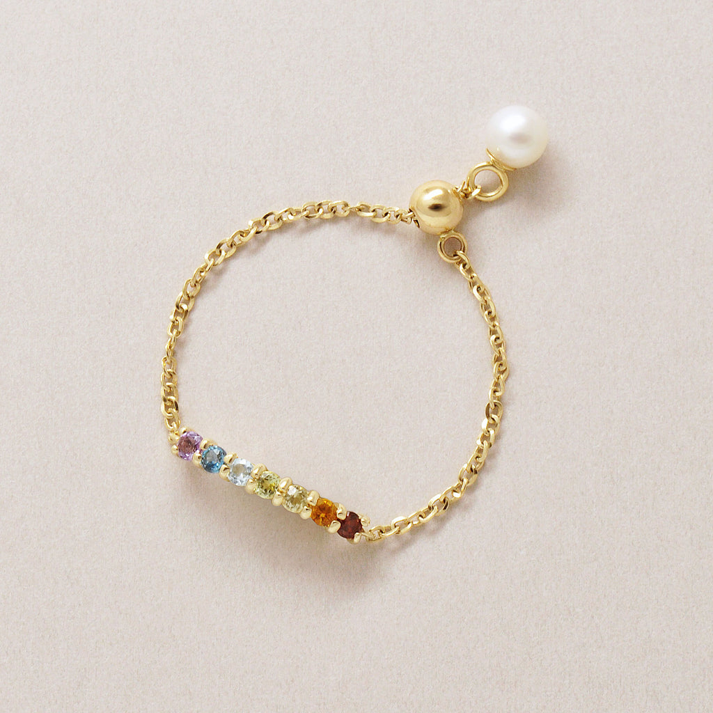 10K Natural Stone Rainbow Chain Ring (Yellow Gold) - Product Image