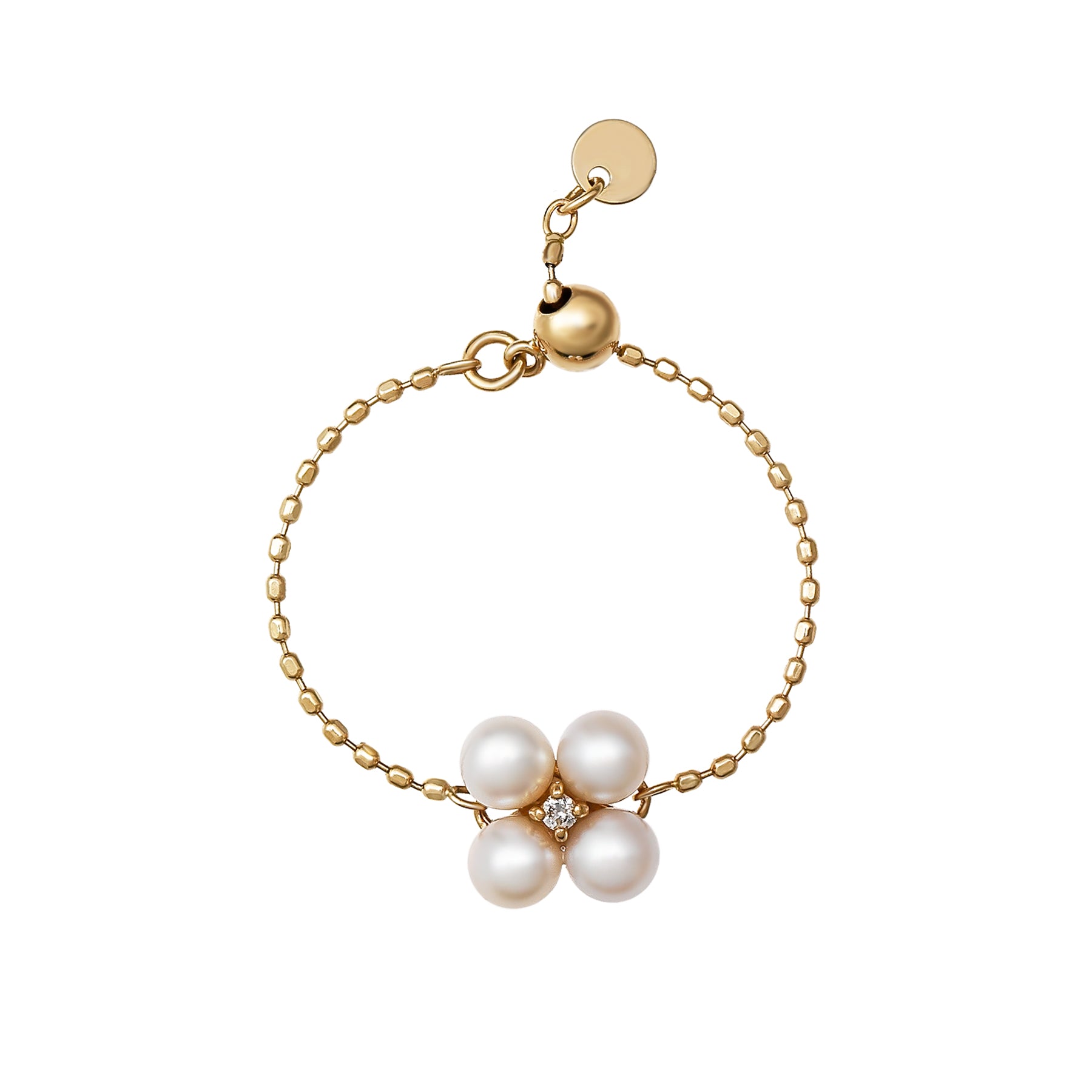 10K Diamond Pearl Clover Chain Ring (Yellow Gold) - Product Image