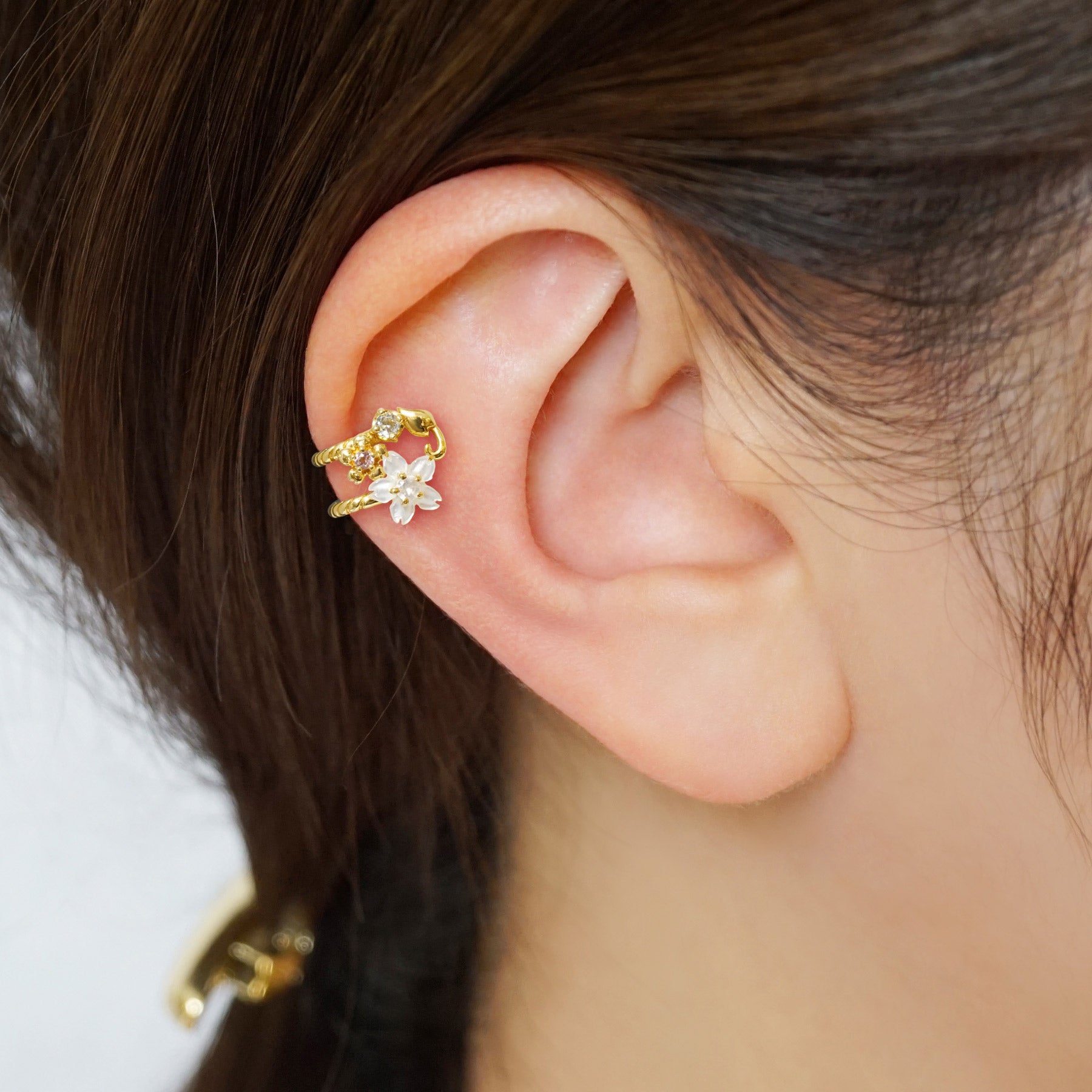 925 Sterling Silver White Shell Cherry Blossoms Ear Cuff - Model Image