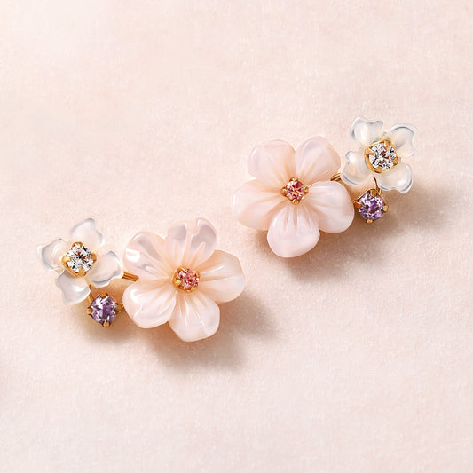 18K/10K Pink Shell Flower Tea Earrings (Yellow Gold) - Product Image