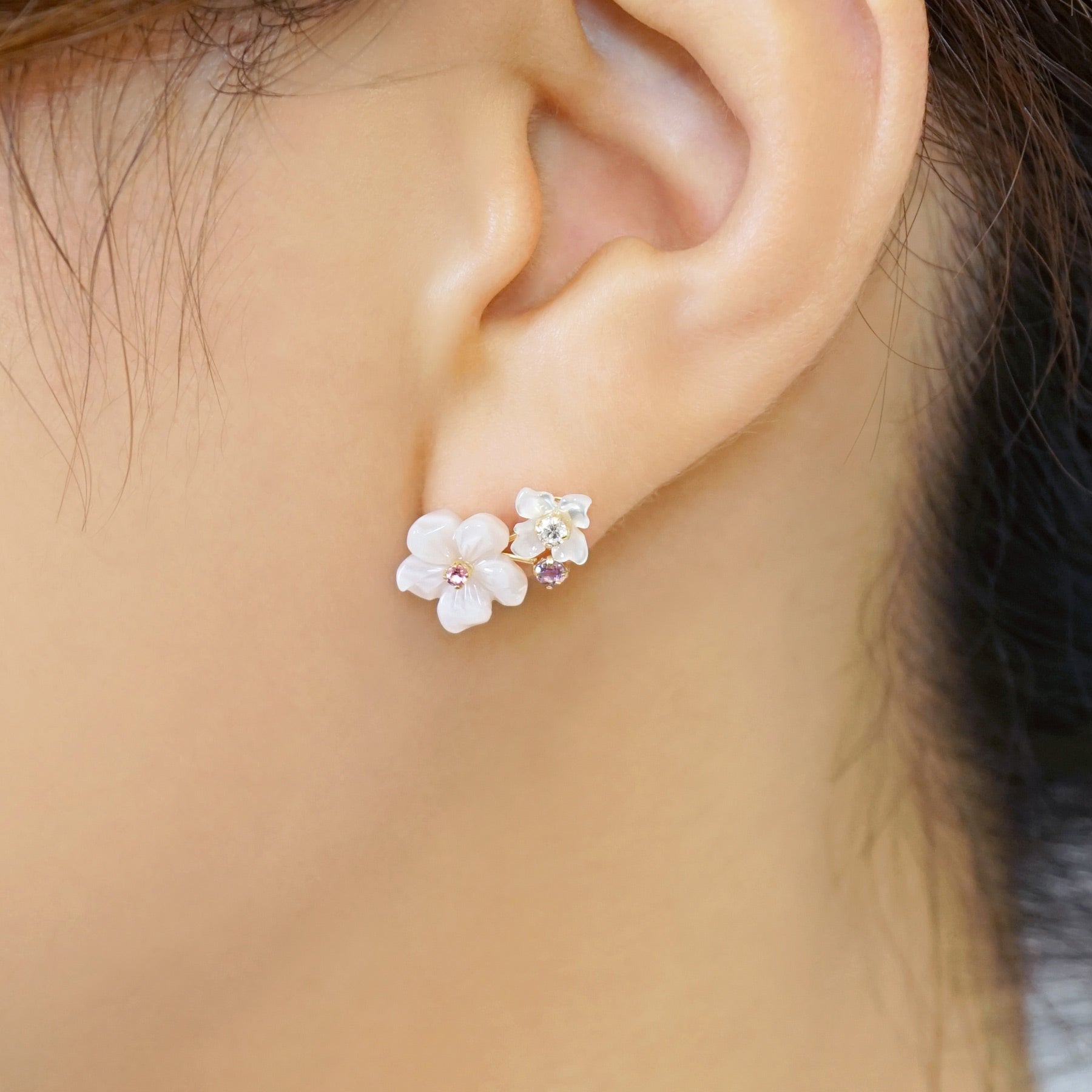 18K/10K Pink Shell Flower Tea Earrings (Yellow Gold) - Model Image