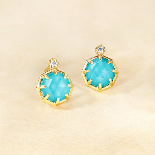 18K/10K Refined Turquoise x White Quartz Earrings [Blue Mosque] (Yellow Gold) - Product Image