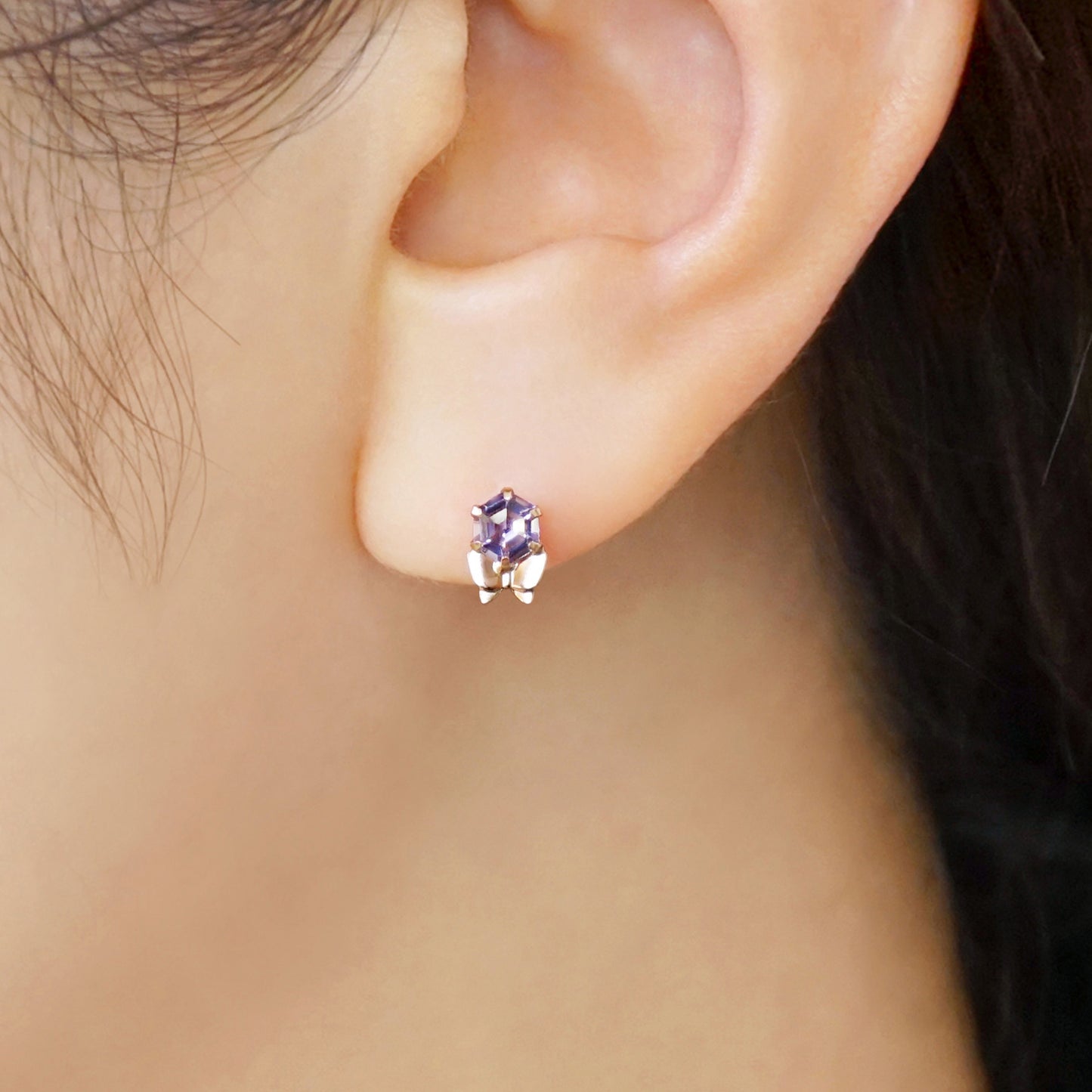 18K/10K Amethyst Butterfly Stud Earrings (Rose Gold) - Model Image