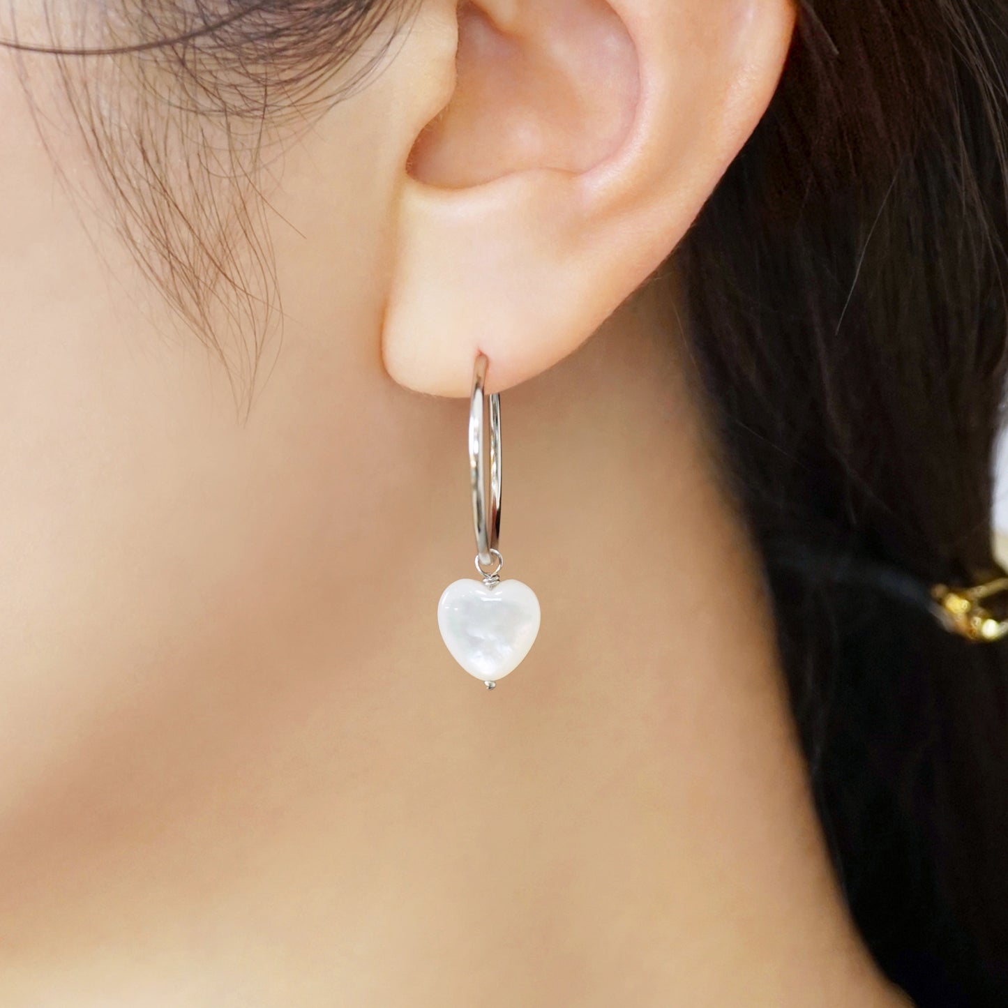 Gold Filled Heart Shell Hoop Earrings - Model Image