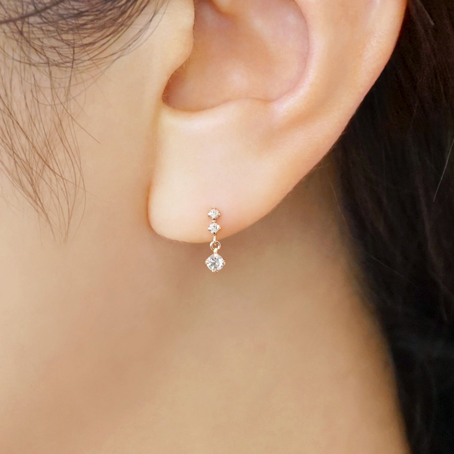 18K/10K 2-Stone Diamond Short Earrings (Rose Gold) - Model Image