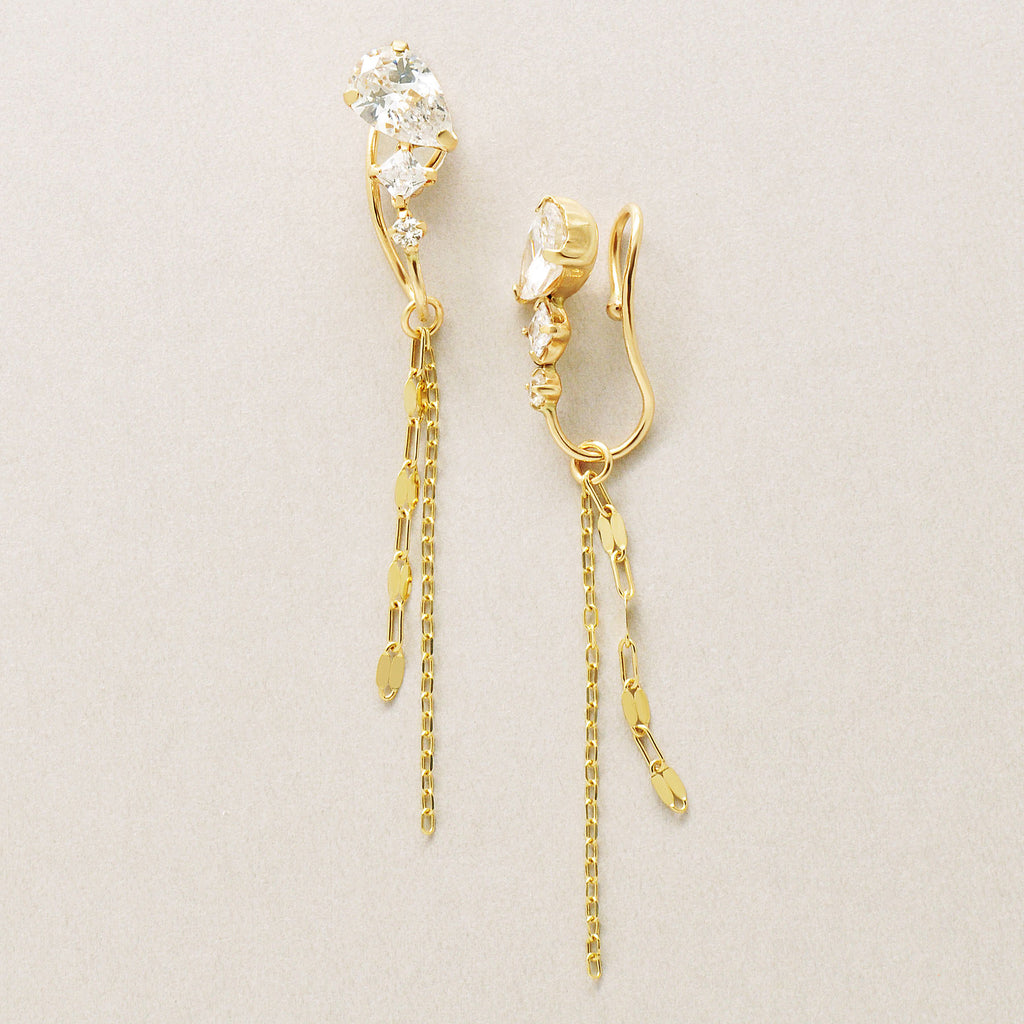 [Airy Clip-On Earrings] 10K Multi-Shape 3-Stone Earrings (Yellow Gold) - Product Image