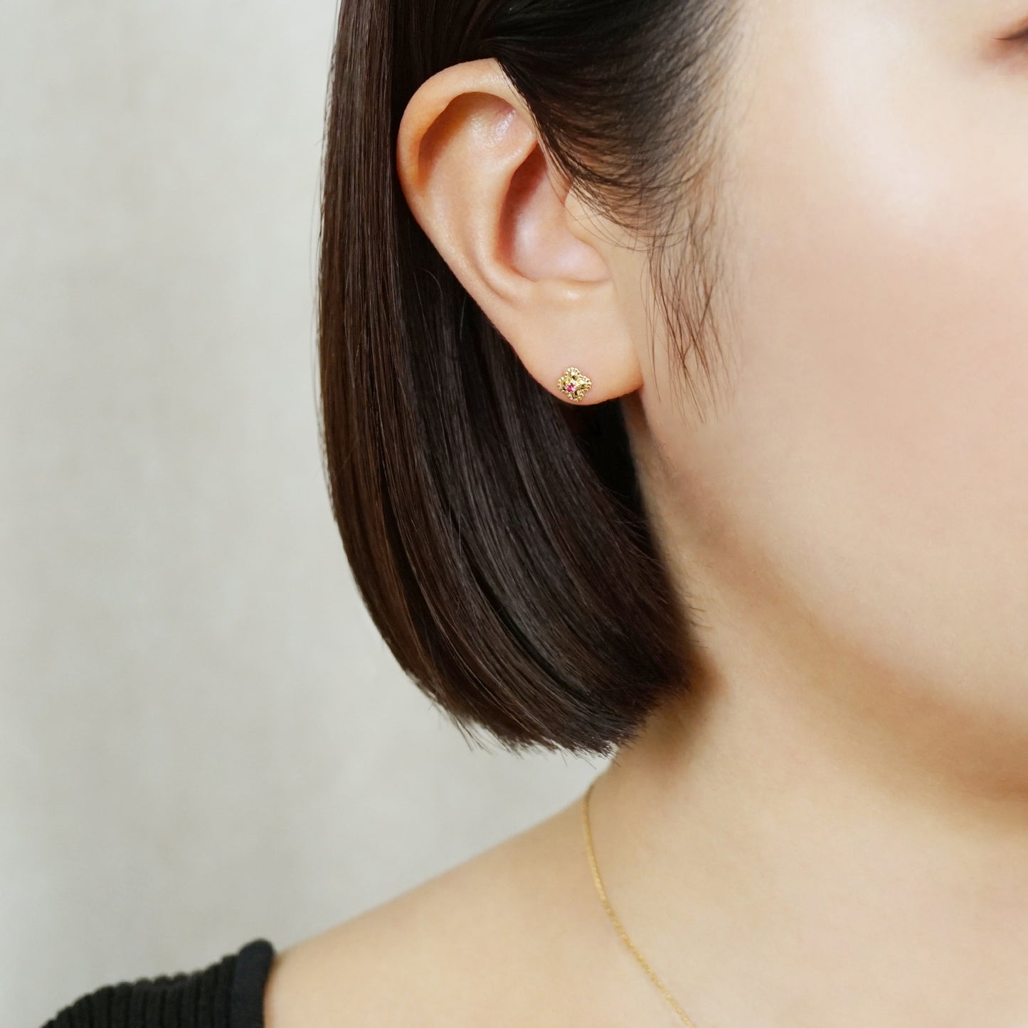 18K/10K Ruby Milgrain Flower Stud Earrings (Yellow Gold) - Model Image