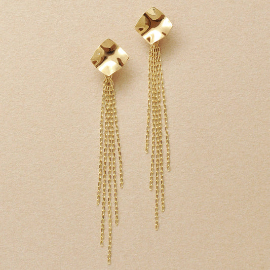 18K/10K Square Plate & Fringe Earrings (Yellow Gold) - Product Image