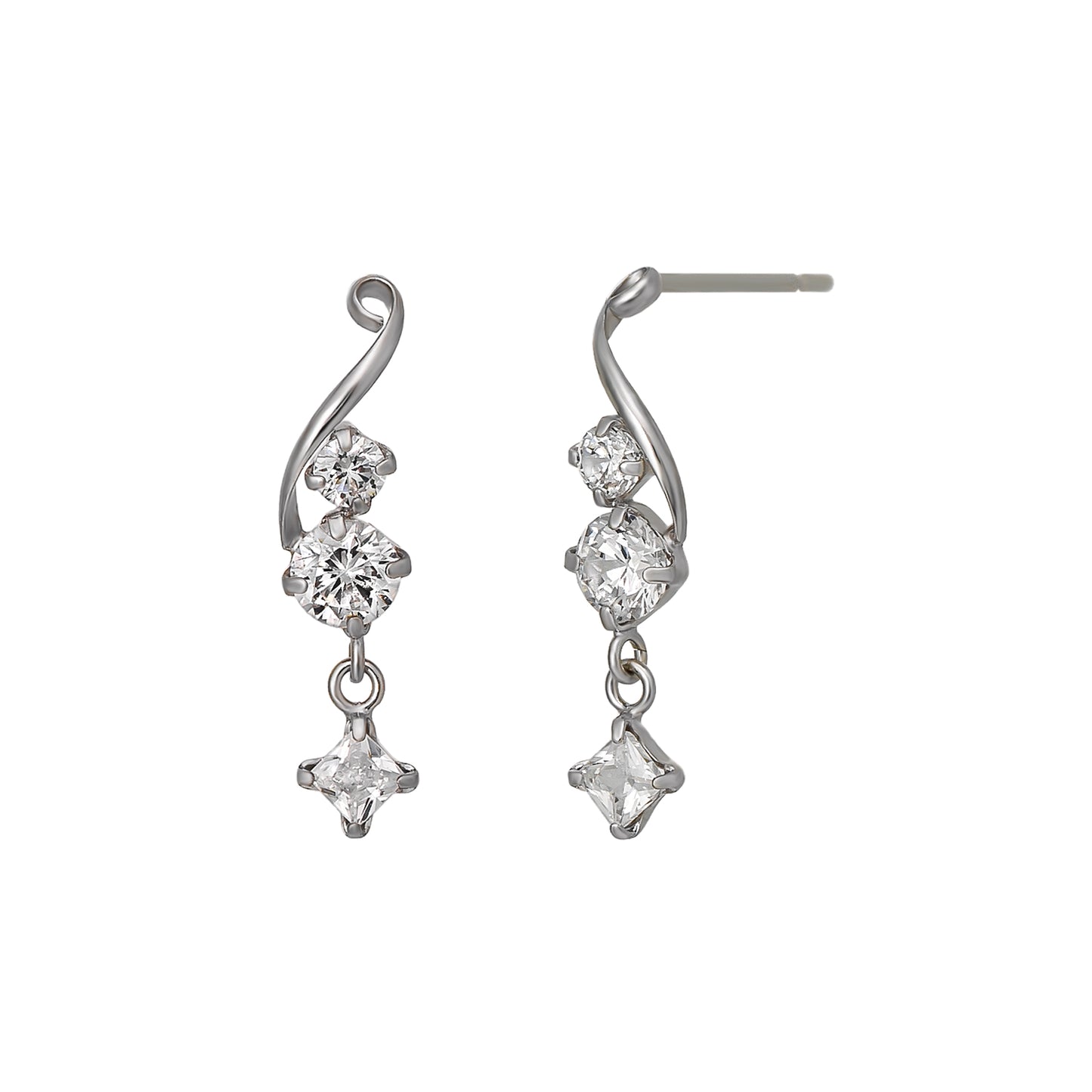 10K Twisted 2-Stone Swinging Square Earrings (White Gold) - Product Image